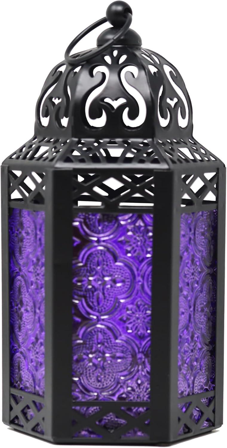 VELA LANTERNS 10.5" Purple Gothic Moroccan Candle Lantern Decorative Candle Holder Lamp for Table or Hanging, Ramadan Decorations, Indoor Home Room Halloween Decor, Outdoor Patio or Porch, Medium