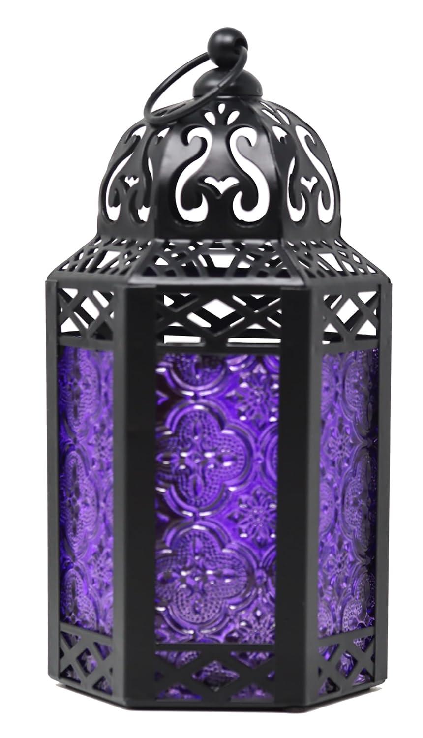 VELA LANTERNS 10.5" Moroccan Lamp Lantern Decorative Candle Holder for Indoor Outdoor Home Decor, Patio, Weddings, Ramadan Decorations, Black Metal, Purple Glass, Medium, Set of 3