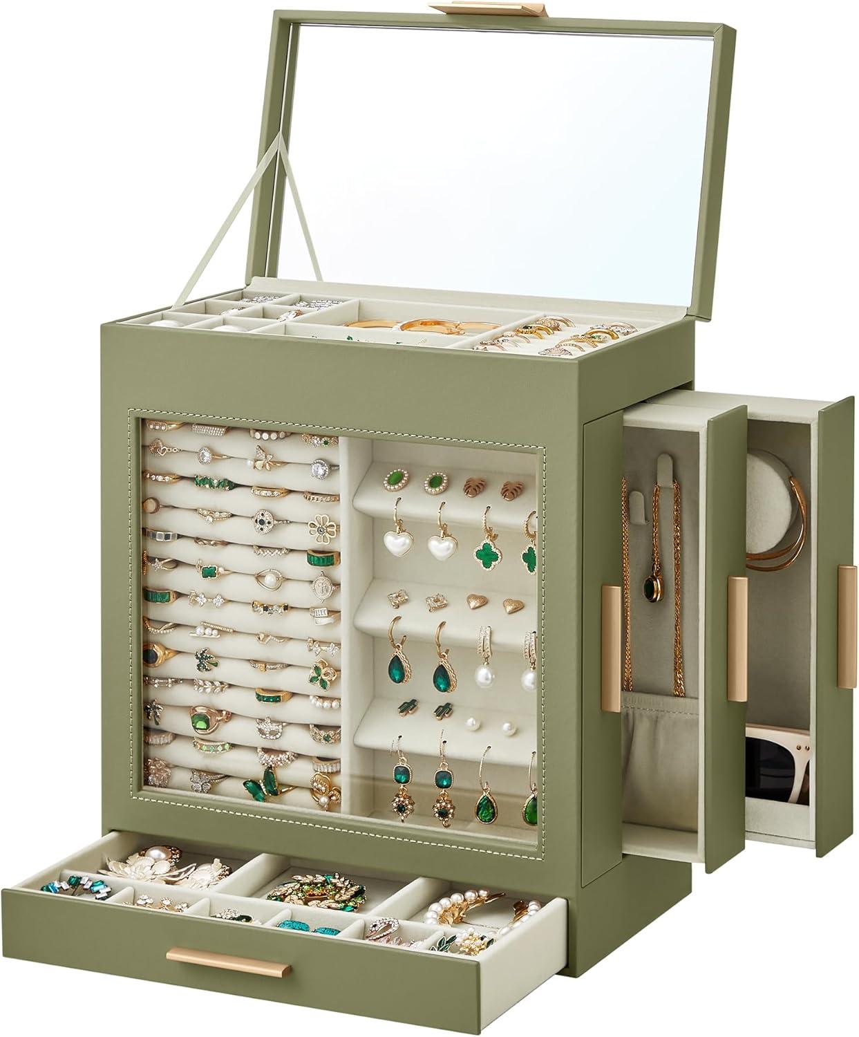 SONGMICS Jewelry Box with Glass Window, 5-Layer Jewelry Organizer with 3 Side Drawers, Jewelry Storage, with Big Mirror, Modern, 6.1 x 10.3 x 12.6 Inches, Laurel Green and Metallic Gold UJBC162C02