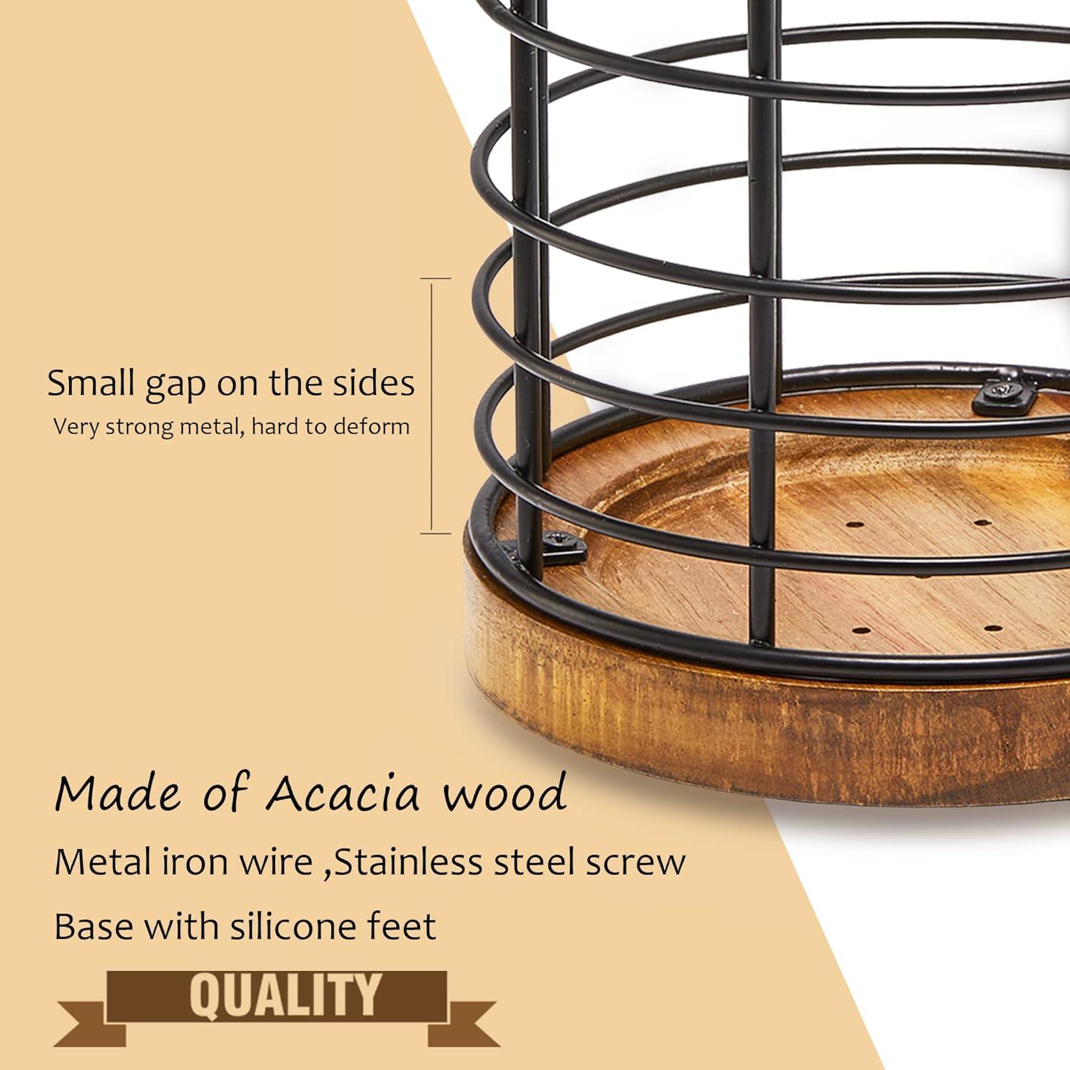 Utensil Holder for Kitchen Counter,Black Wire with Wooden Base Countertop Utensil Holder, Large Wooden Cooking Utensil Holder, Kitchen Utensil Organizer.