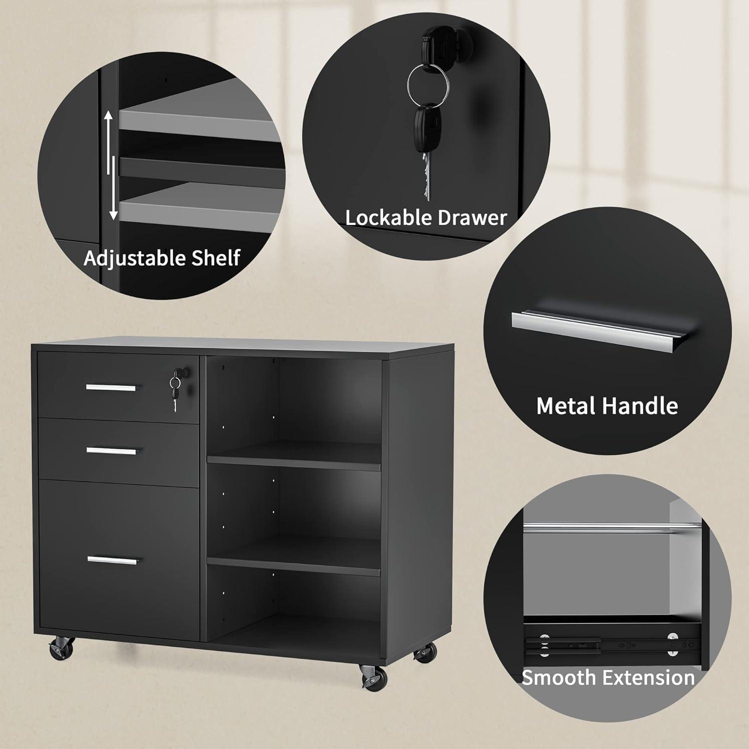 Black Wood Office Filing Cabinet with Adjustable Shelves and Lock