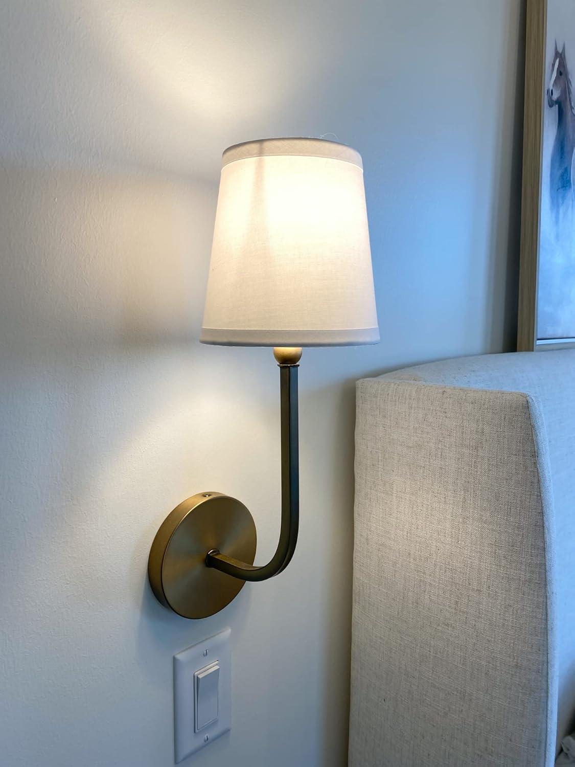 Dawson Aged Brass 1-Light Wall Sconce with White Fabric Shade