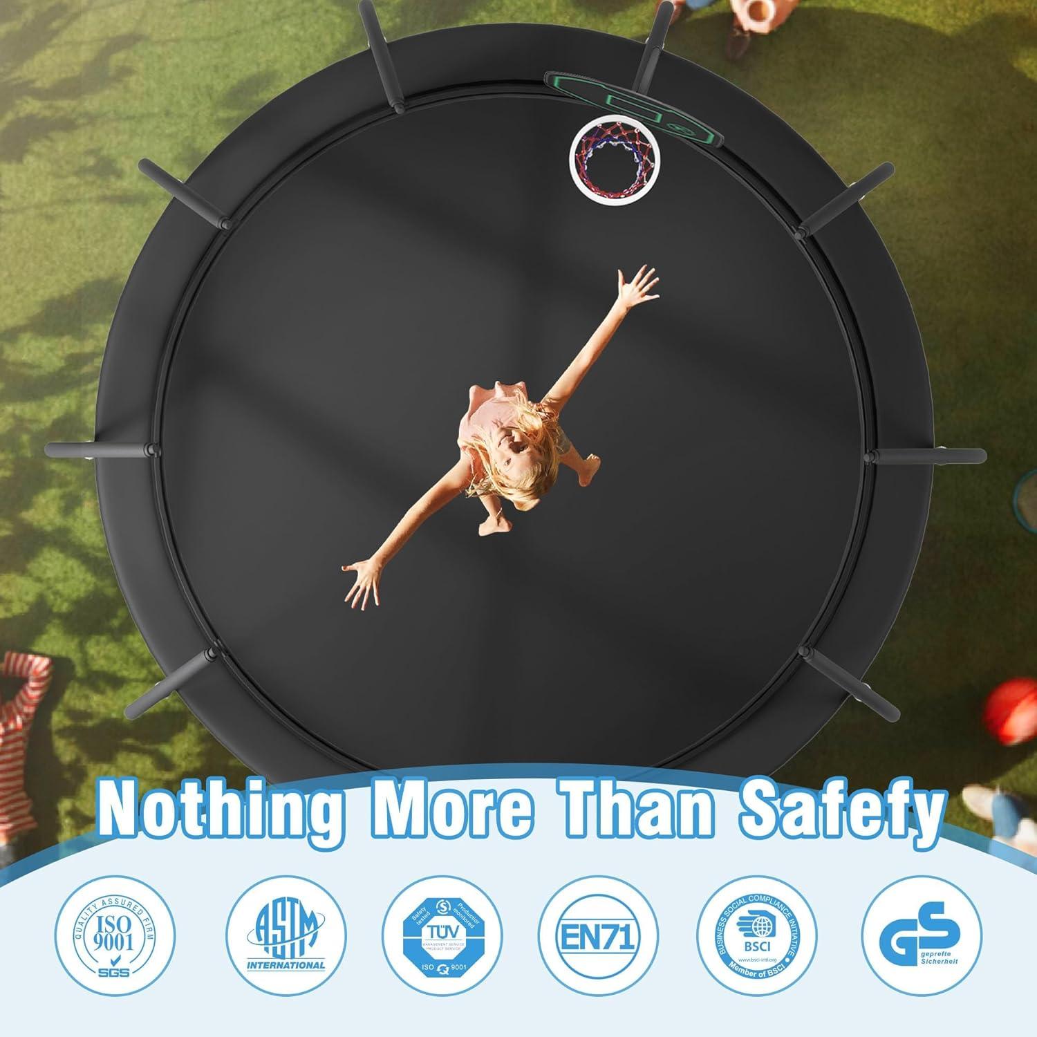 Trampoline Outdoor, 15 FT Trampoline with Enclosure Net and Ladder, Built-in 5 W-Shaped Legs and Basketball Board, Recreational Trampolines Family Jumping Workout, Outdoor Trampoline for Kids, Adults