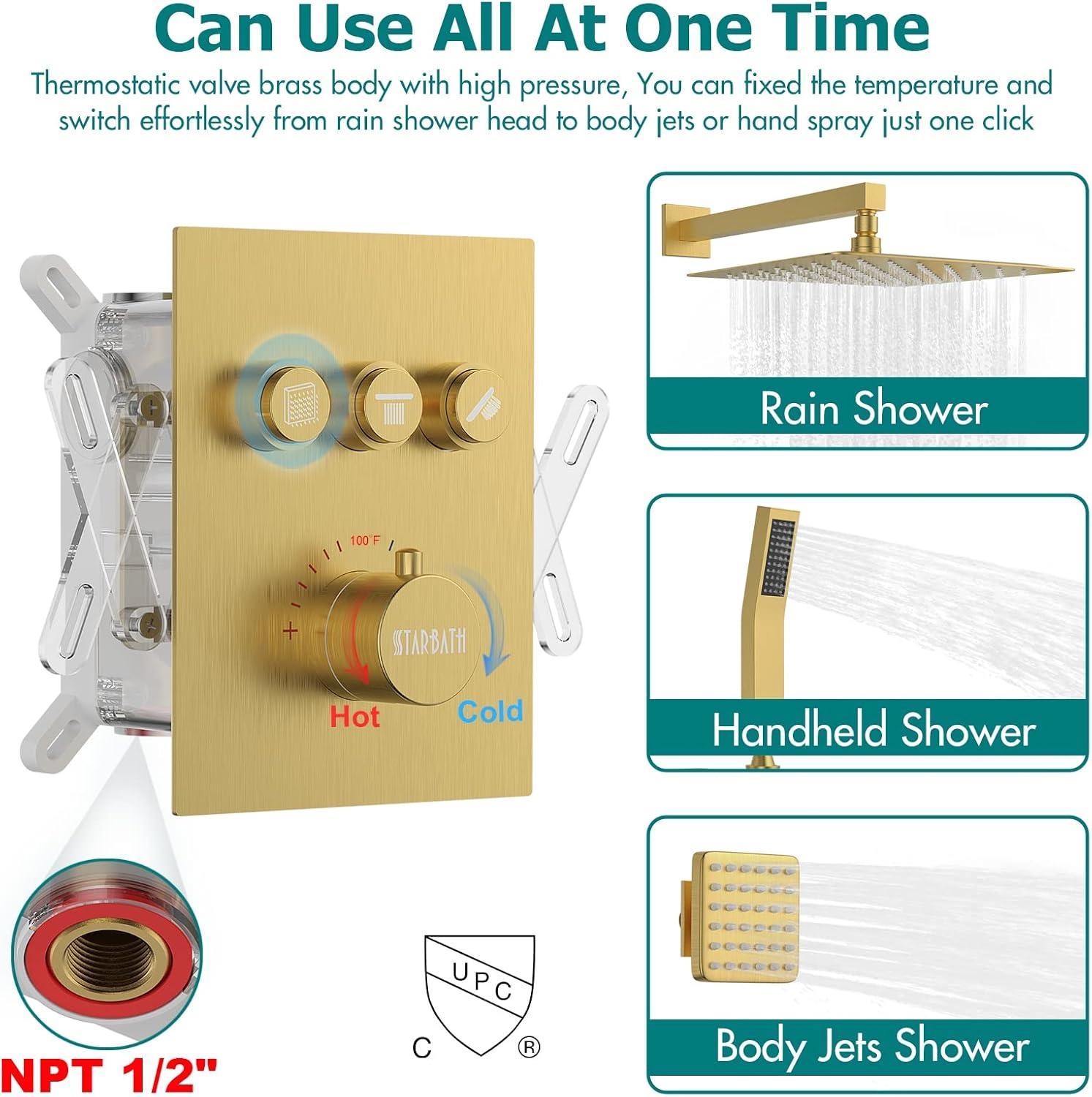 Revitalize 3-Function 12 Inch Wall Mount Rainfall Thermostatic Shower System with 6 Body Jets