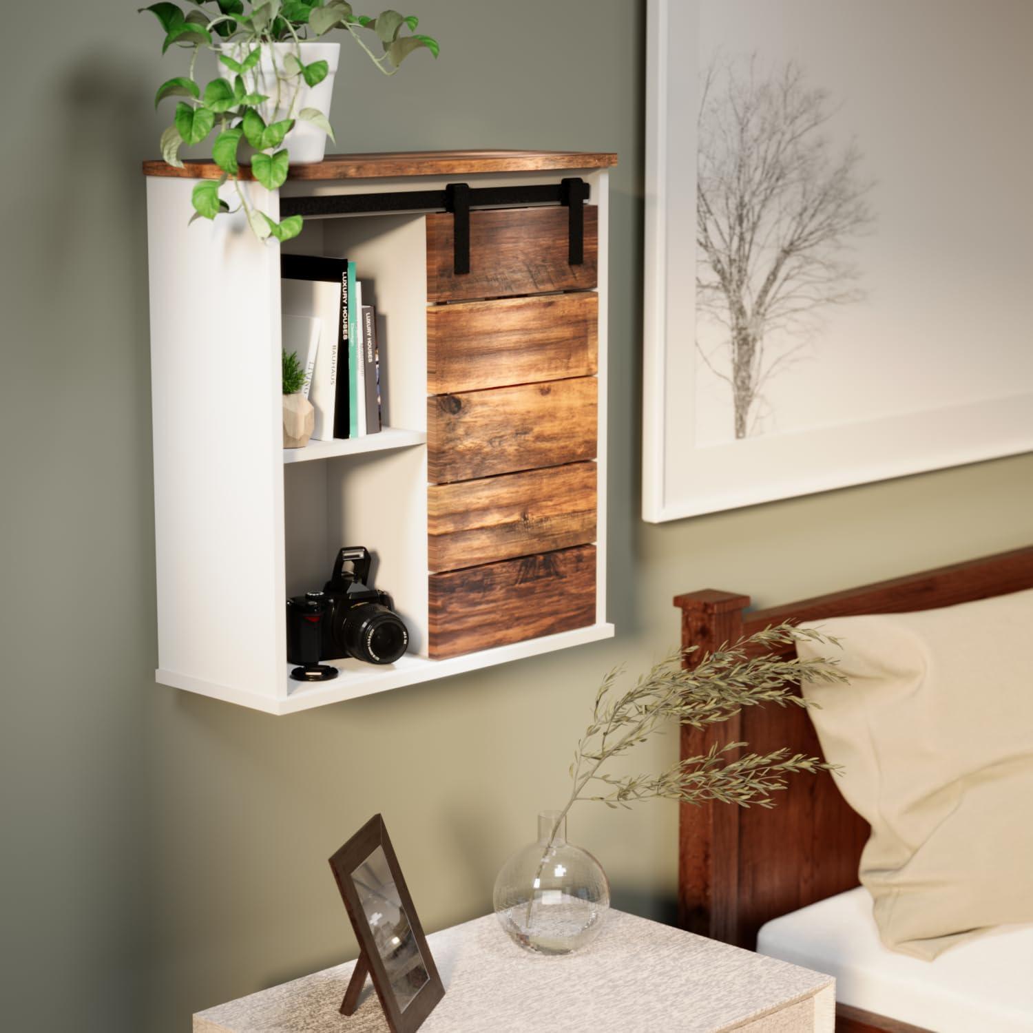 White and Brown Wood Wall Mounted Bathroom Cabinet with Sliding Barn Door