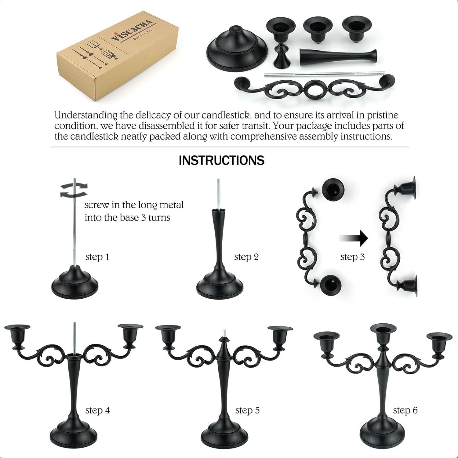 3 Metal Candelabra – Candlesticks Holder for Formal Events, Wedding, Church, Holiday Décor, Halloween – Taper Candle Holder Stand Centerpiece Elegant Decoration Piece for Table,Pure Black