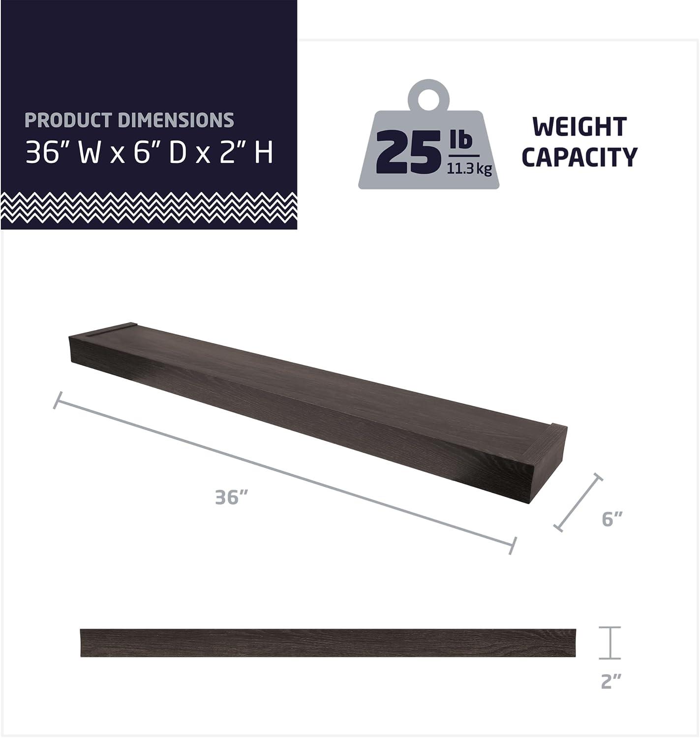 HIGH & MIGHTY Modern 36" Floating Shelf Holds up to 25lbs, Easy Tool-Free Dry Wall Installation, Flat, eCommerce Packaging, Espresso