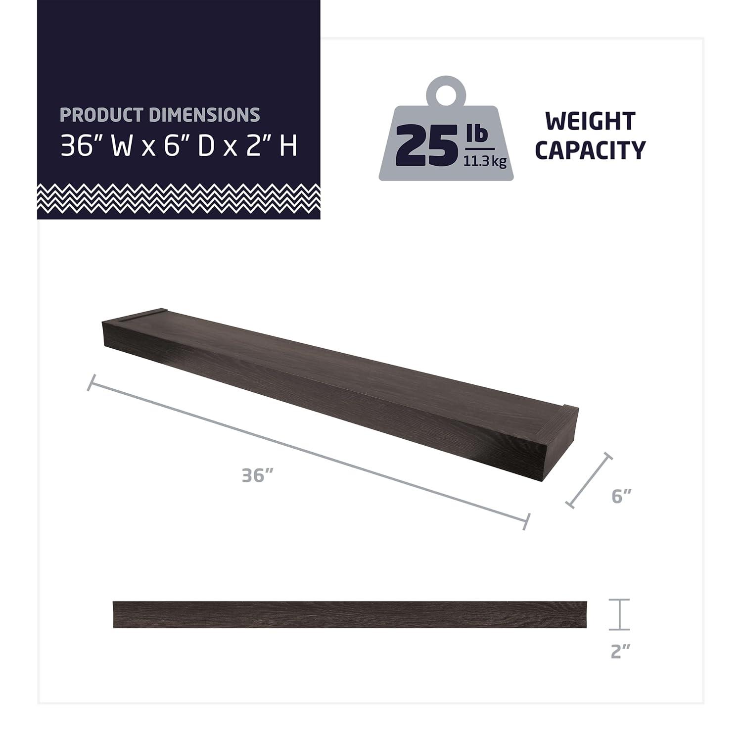 HIGH & MIGHTY Modern 36" Floating Shelf Holds up to 25lbs, Easy Tool-Free Dry Wall Installation, Flat, eCommerce Packaging, Espresso