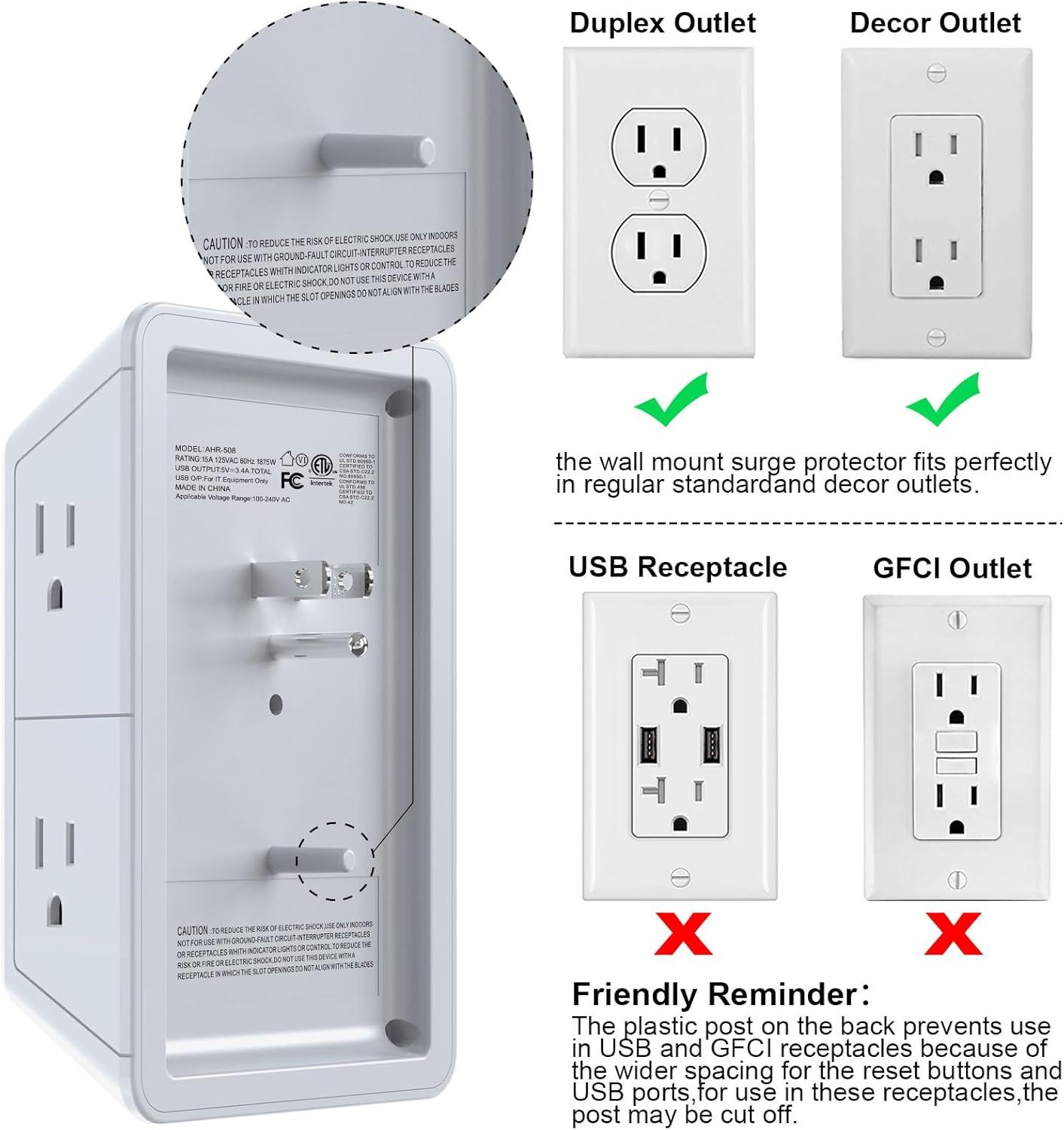 Outlet Extender Power Strip, POWRUI 6 AC Surge Protector Outlets with 3 USB Ports (1 USB C) and Night Light, 3-Sided Multi Plug Wall Outlet with Spaced Outlets - Black, ETL Listed