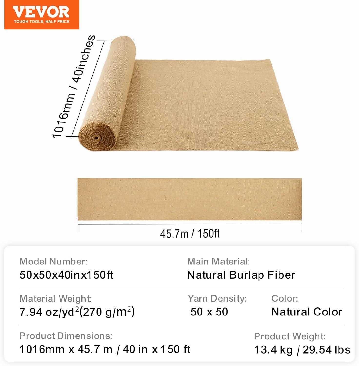 VEVOR Burlap Fabric Roll, 40” x 150 ft High Density Natural Jute Fiber Material for Outdoor Plant Care, Tree Wrap Roll, Decor, DIY Crafts, Wedding, Garden Weed Barrier, Plants & Trees Winter Covering