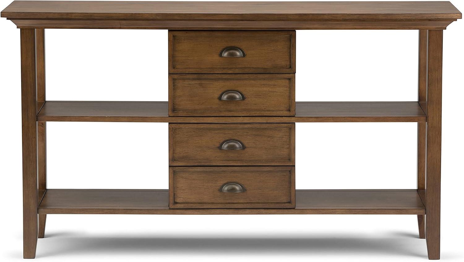 Simpli Home Redmond 54"W Solid Wood Storage Console Table with 4 Center Drawers and Open Shelves