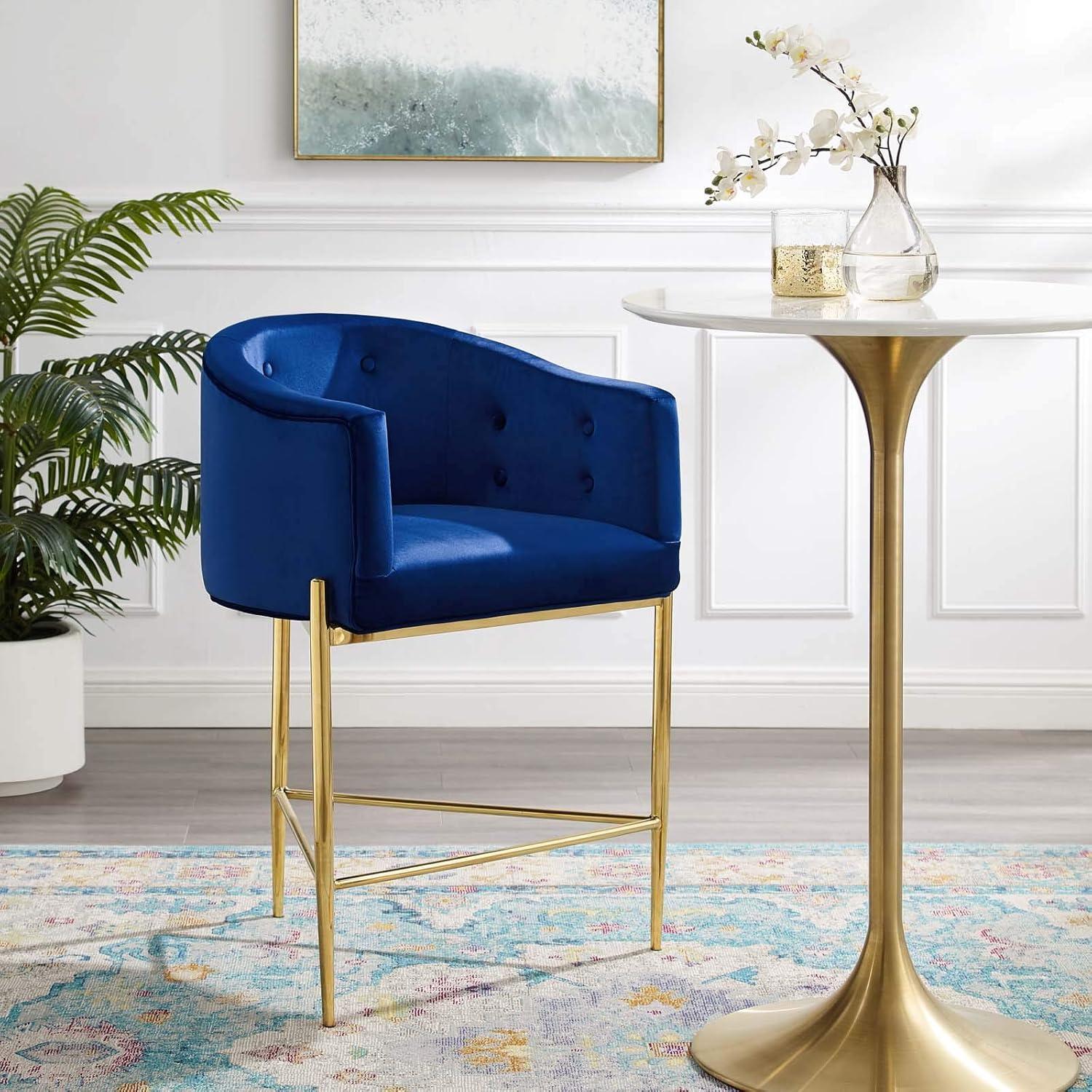 Navy Velvet and Gold Metal 23.5'' Tufted Counter Stool