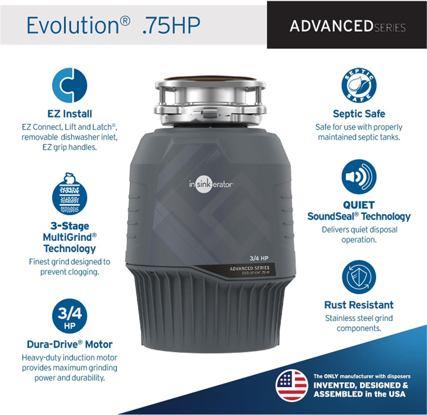 Evolution 0.75HP, 3/4 HP Garbage Disposal, Advanced Series Continuous Feed Food Waste Disposer