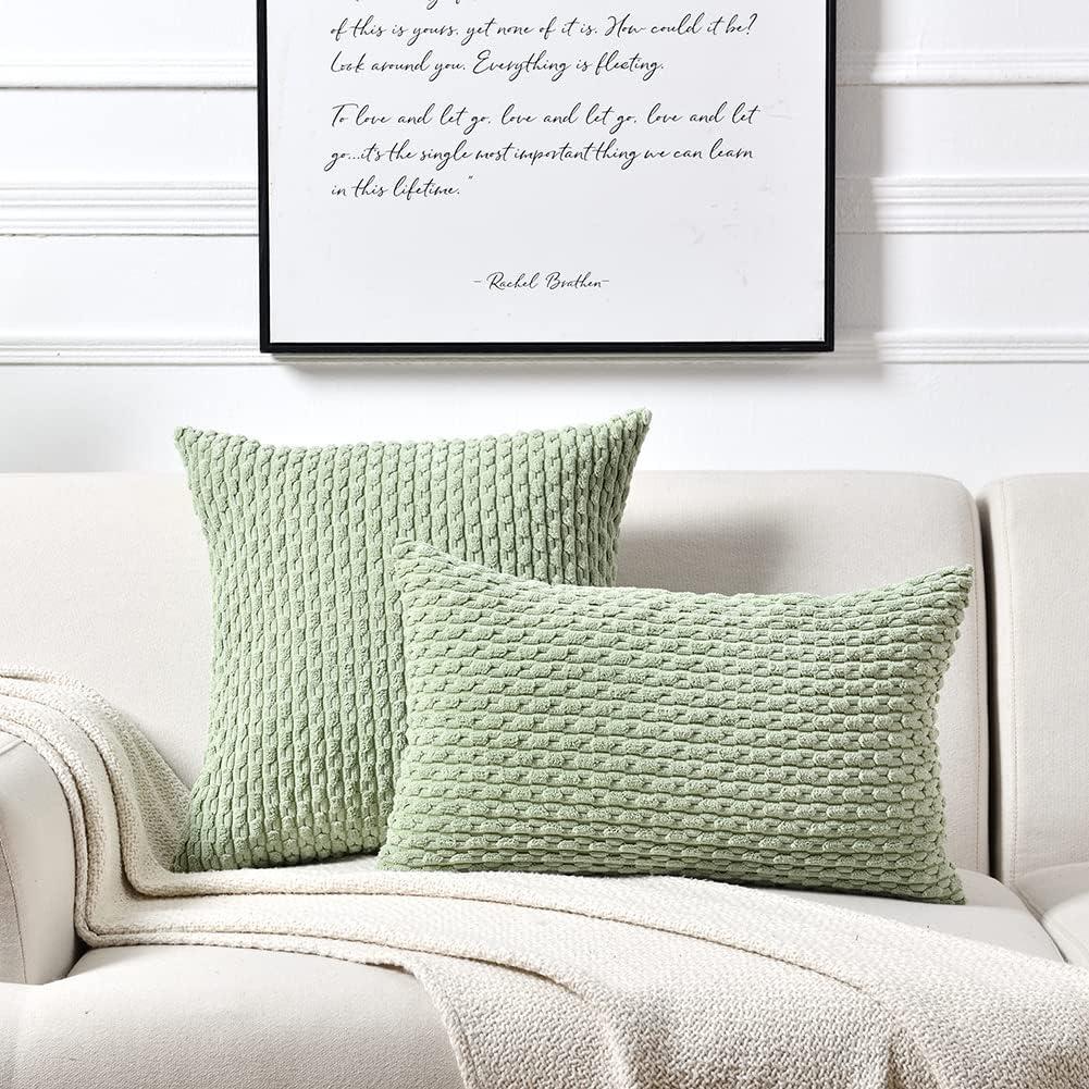 Fymlhomi 2 Packs Sage Green Decorative Throw Pillow Covers 18x18 Inch for Couch Bed Sofa, Modern Farmhouse Boho Home Decor, Soft Cute Plush Corduroy Cushion Case 45x45 CM