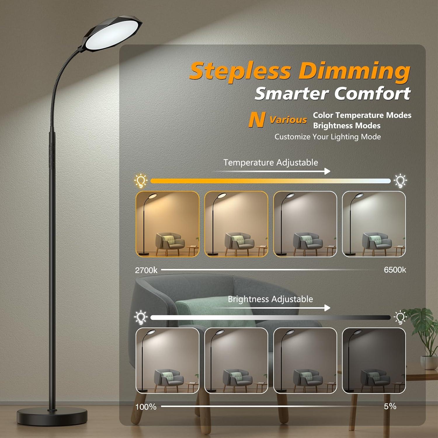 Floor Lamp, 18W Bright LED Floor Lamps for Living Room with Diamond-Surface, Stepless Adjustable Colors & Dimmer Standing Lamp with Timer, Remote & Touch Control, Reading Lights for Bedroom, Office