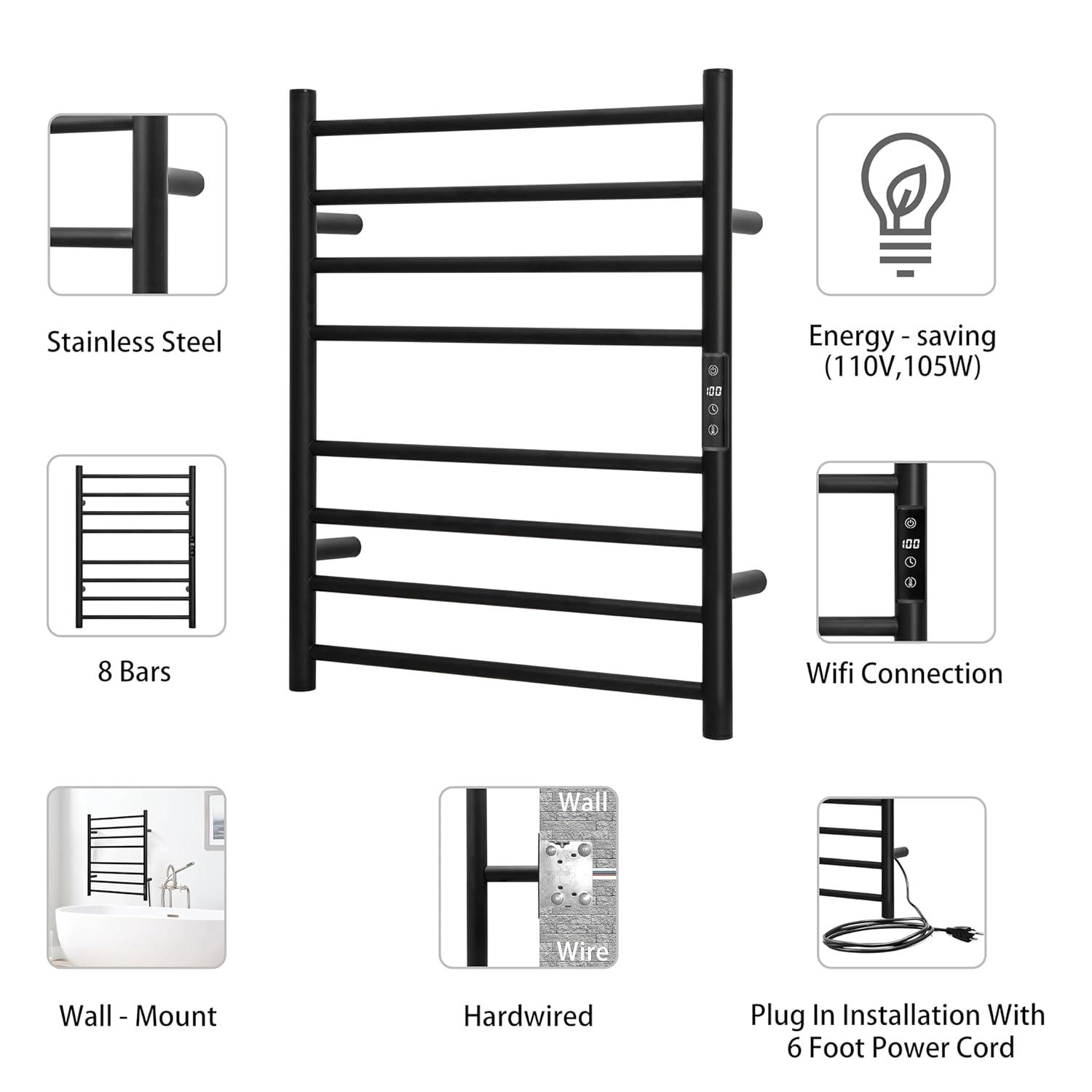 KEG Smart WiFi Towel Warmer Wall Mounted with Built-in Timer and Temperature Adjust Control, 8 Bars Electric Stainless Steel Heated Towel Racks for Bathroom Black