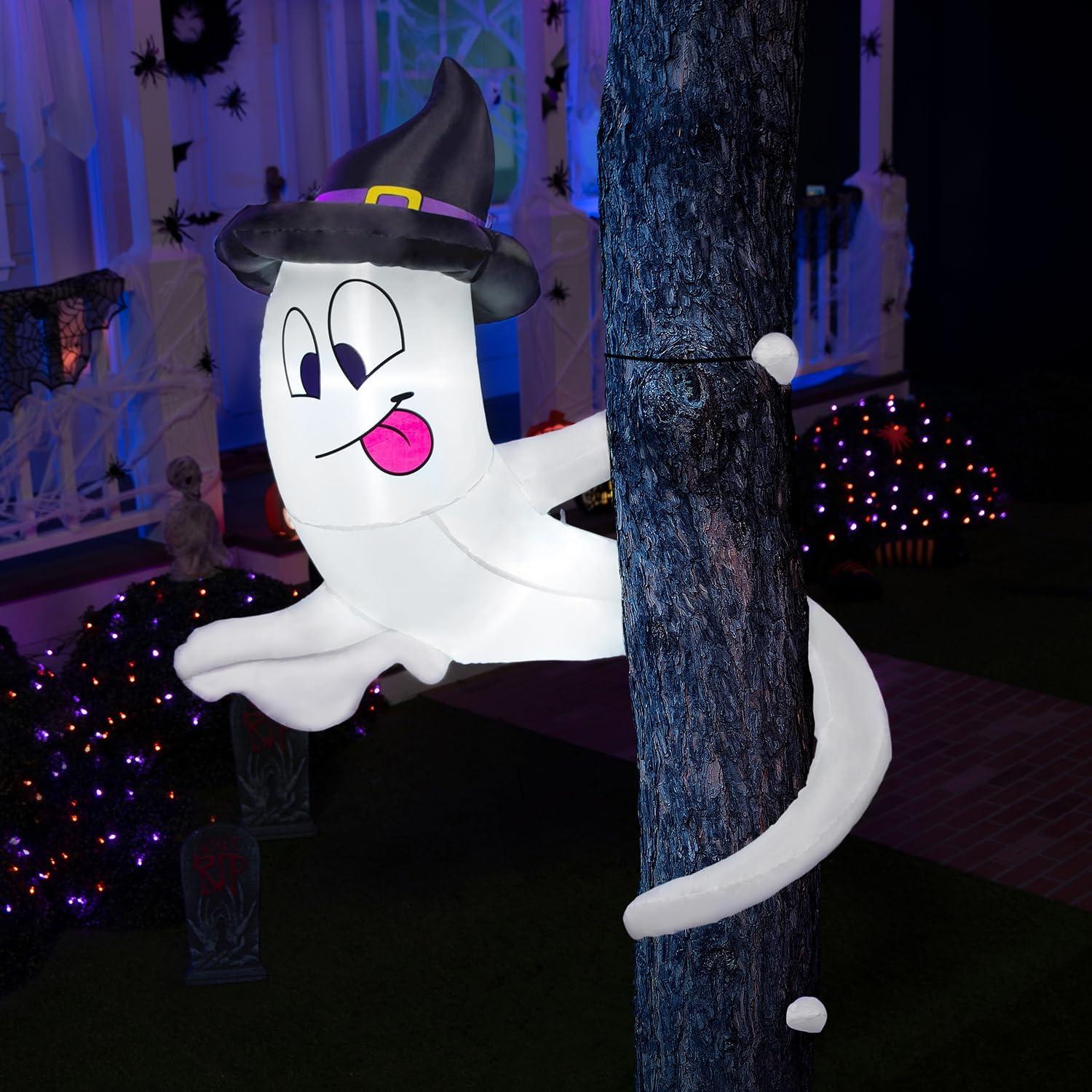 5 ft White Inflatable Ghost Twining Around Tree with LED Lights