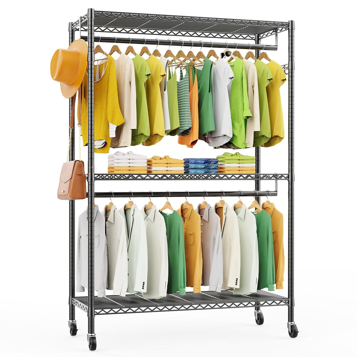 LEHOM G1L 3 Tiers Garment Rack with Storage Shelves, Heavy Duty Rolling Free-Standing Clothing Rack Closet Organizer with Double Rods/Lockable Wheels & 2 Pairs Side Hooks, Max Load 450 LBS, Black