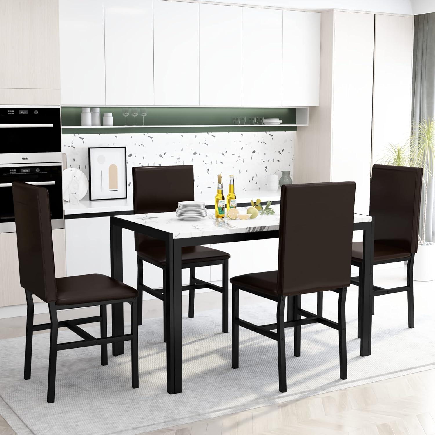 5 Piece Dining Set, Modern Dining Table and Chairs Set for 4, Kitchen Dining Table Set with Faux Marble Tabletop and 4 PU Leather Upholstered Chairs, for Small Space, Breakfast Nook, D8835