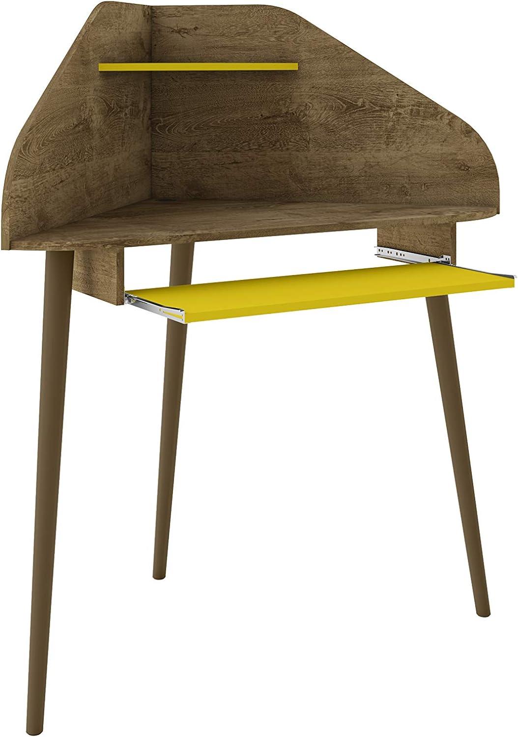 Rustic Brown & Yellow Wood Corner Desk with Keyboard Tray