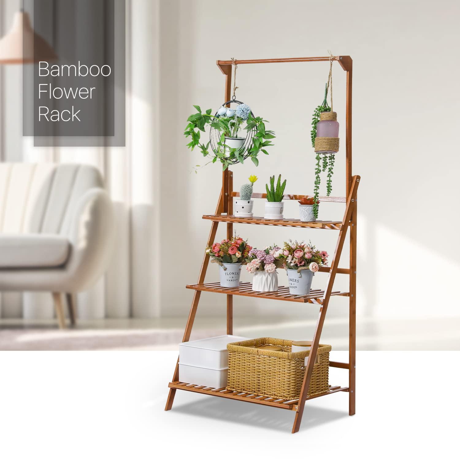 MoNiBloom Bamboo 3 Tier Plant Stand Triangular Flower Pot Holder With Hanging Basket