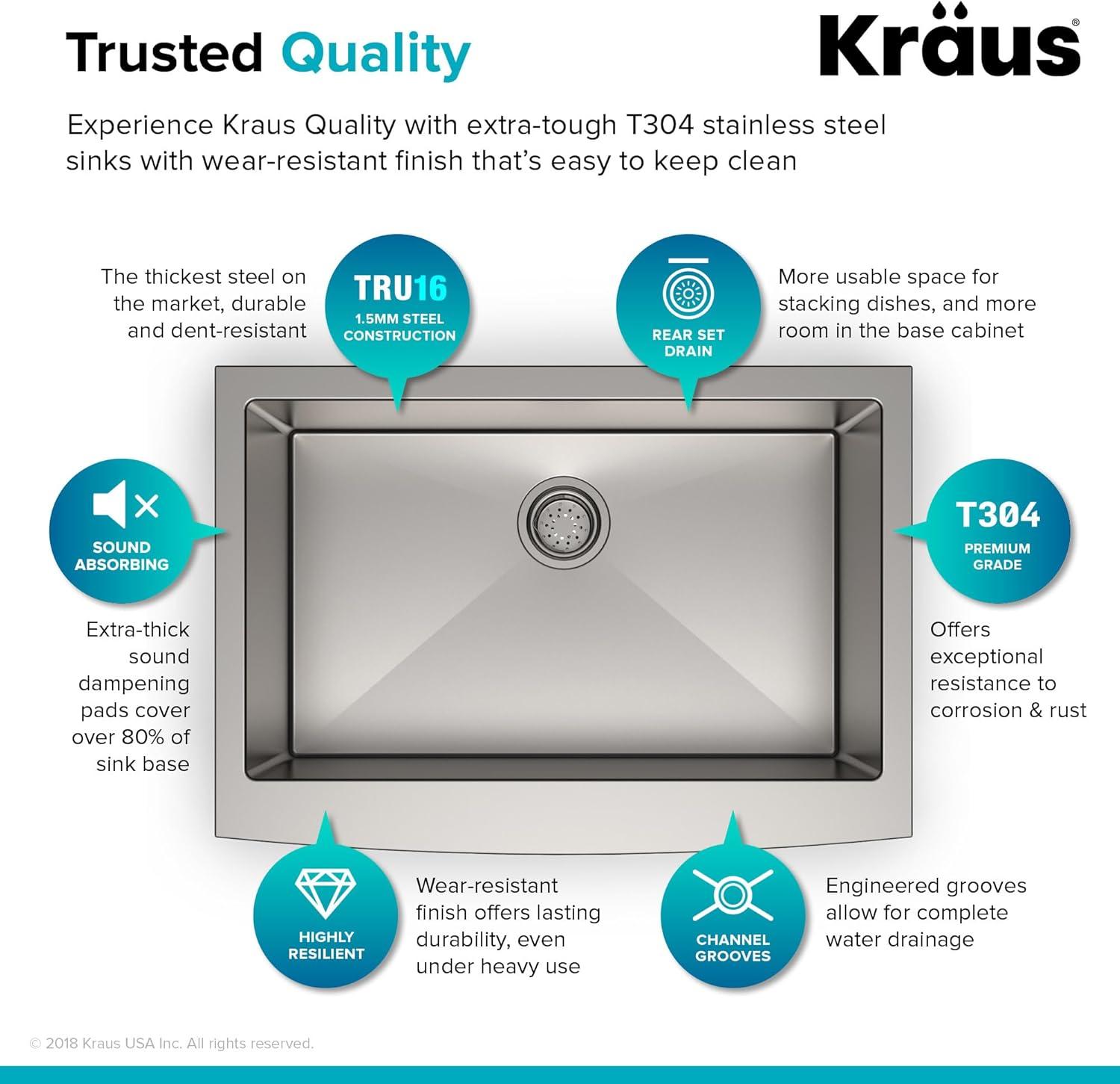 KRAUS Standart Pro Apron Front Farmhouse 16 Gauge Single Bowl Stainless Steel Kitchen Sink