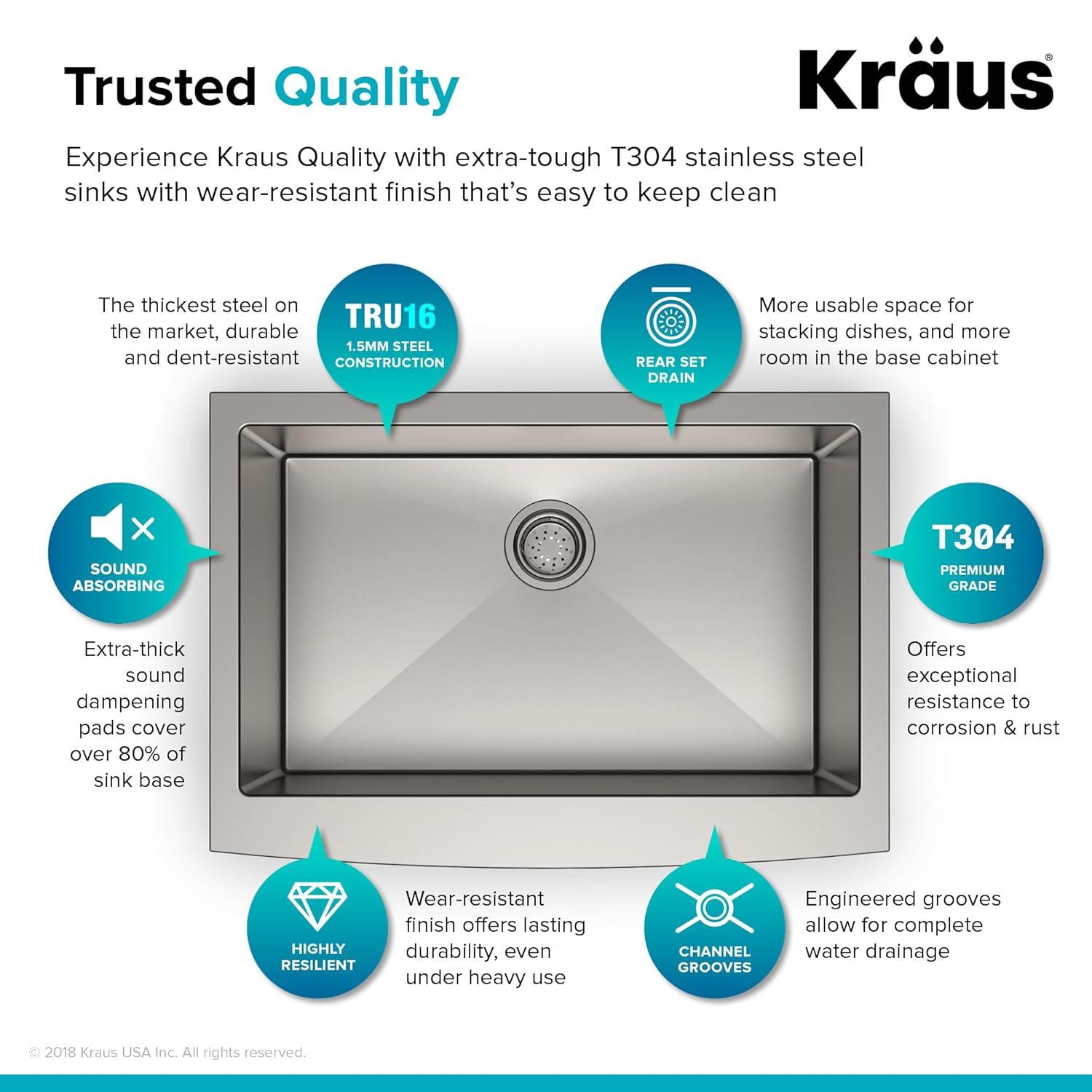 KRAUS Standart Pro Apron Front Farmhouse 16 Gauge Single Bowl Stainless Steel Kitchen Sink