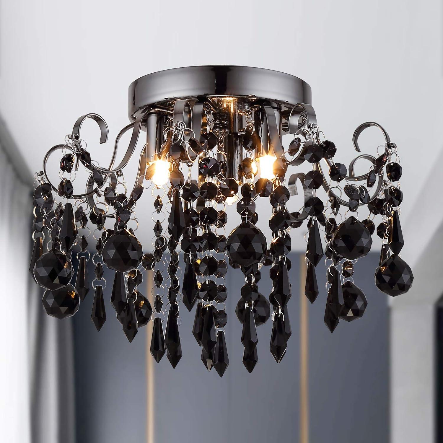 Q&S Small Crystal Chandelier Flush Mount Ceiling Light 3 Lights Modern Chrome Iron Raindrop Crystal Ceiling Fixture for Bedroom Hallway Closet Entryway Stairs