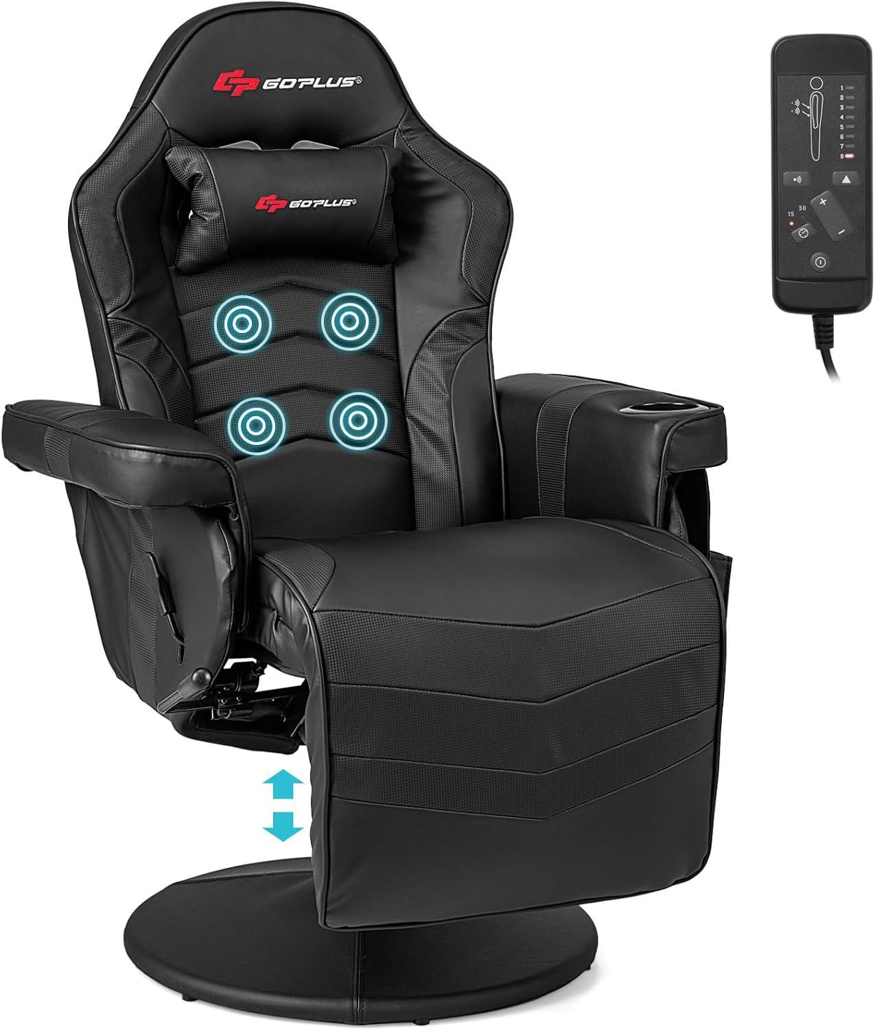 POWERSTONE Gaming Recliner Massage Gaming Chair with Footrest Ergonomic PU Leather Single Sofa with Cup Holder Headrest and Side Pouch, Adjustable Living Room Chair Seating, Black