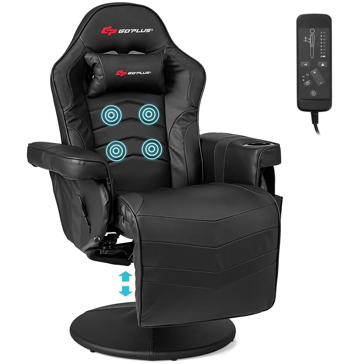POWERSTONE Gaming Recliner Massage Gaming Chair with Footrest Ergonomic PU Leather Single Sofa with Cup Holder Headrest and Side Pouch, Adjustable Living Room Chair Seating, Black