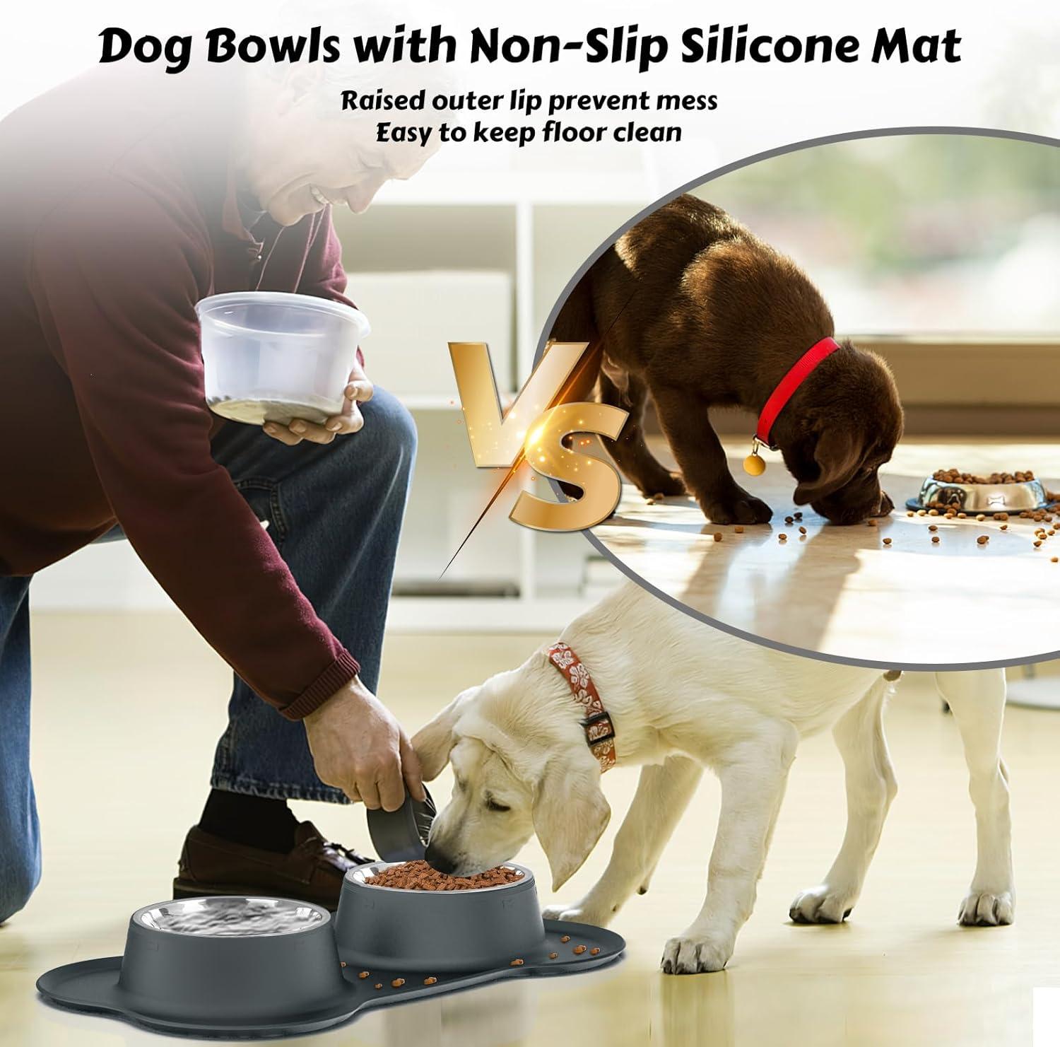 AsFrost Dog Food Bowls Stainless Steel Dog Food & Water Bowl Set with No Spill No Slip Silicone Mat, Dog Dishes for Small Medium Size Dogs Pet Cat Puppy Food Feeding Bowls, Grey, 24oz, 3 Cup