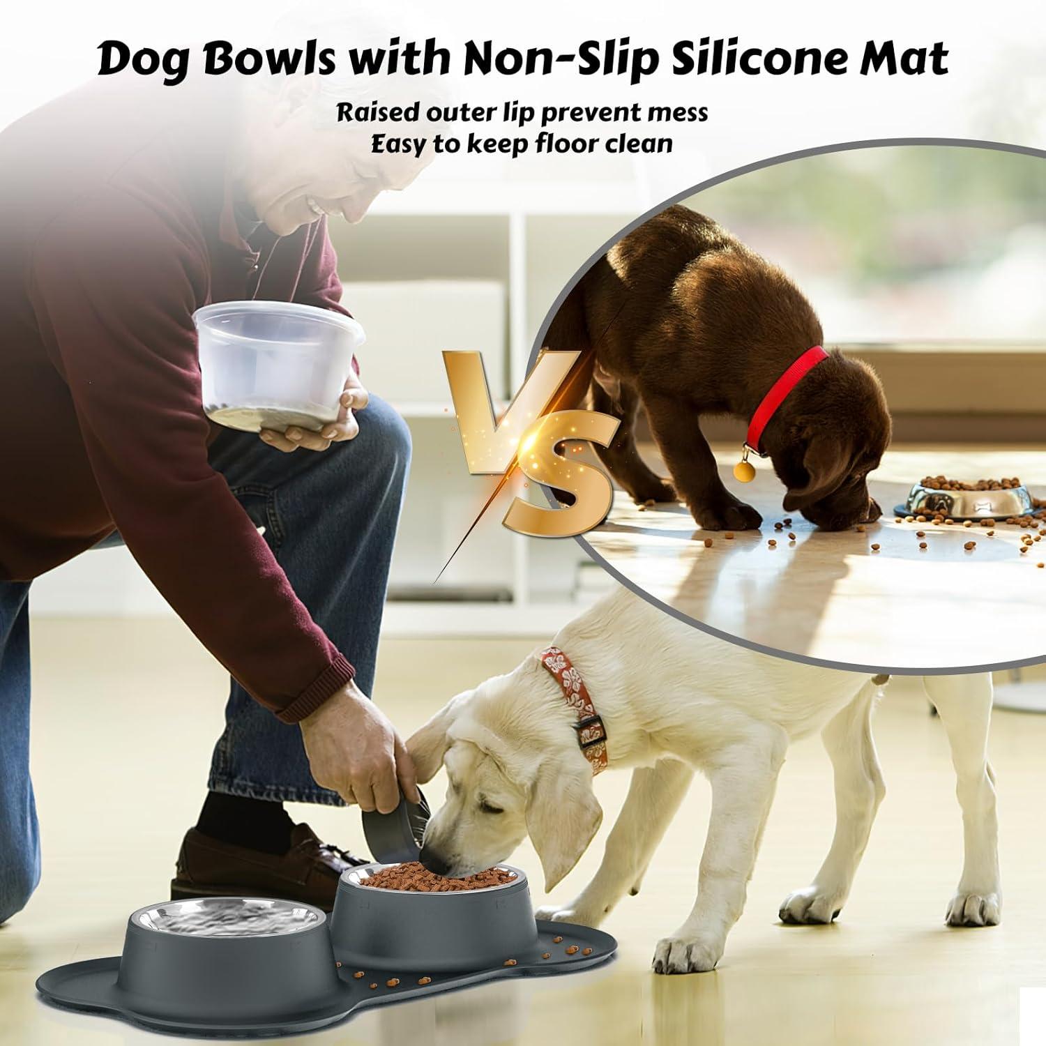 AsFrost Dog Food Bowls Stainless Steel Dog Food & Water Bowl Set with No Spill No Slip Silicone Mat, Dog Dishes for Small Medium Size Dogs Pet Cat Puppy Food Feeding Bowls, Grey, 24oz, 3 Cup