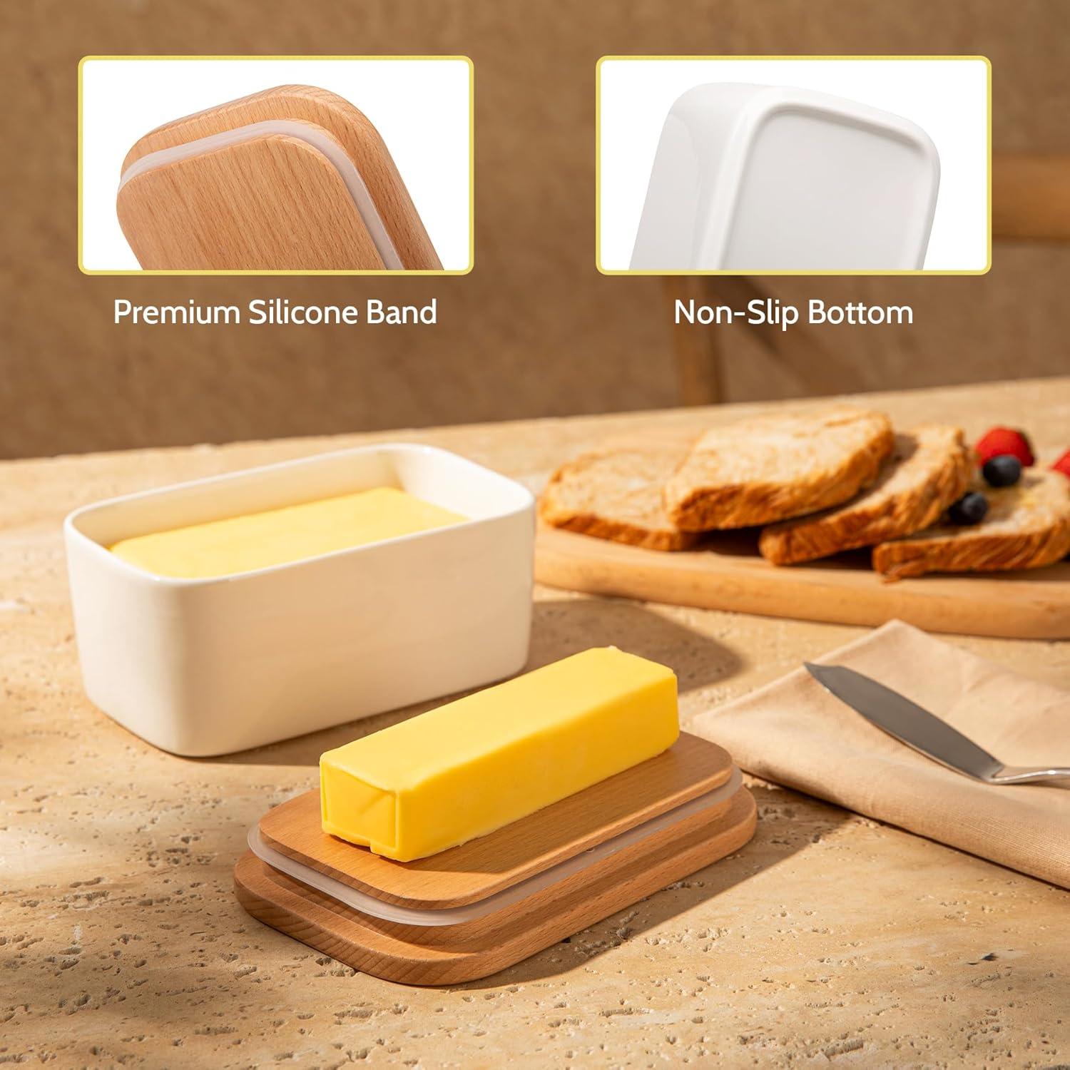 [new and improved] sweese 3151 large butter dish - airtight butter keeper holds up to 2 sticks of butter - porcelain container with beech