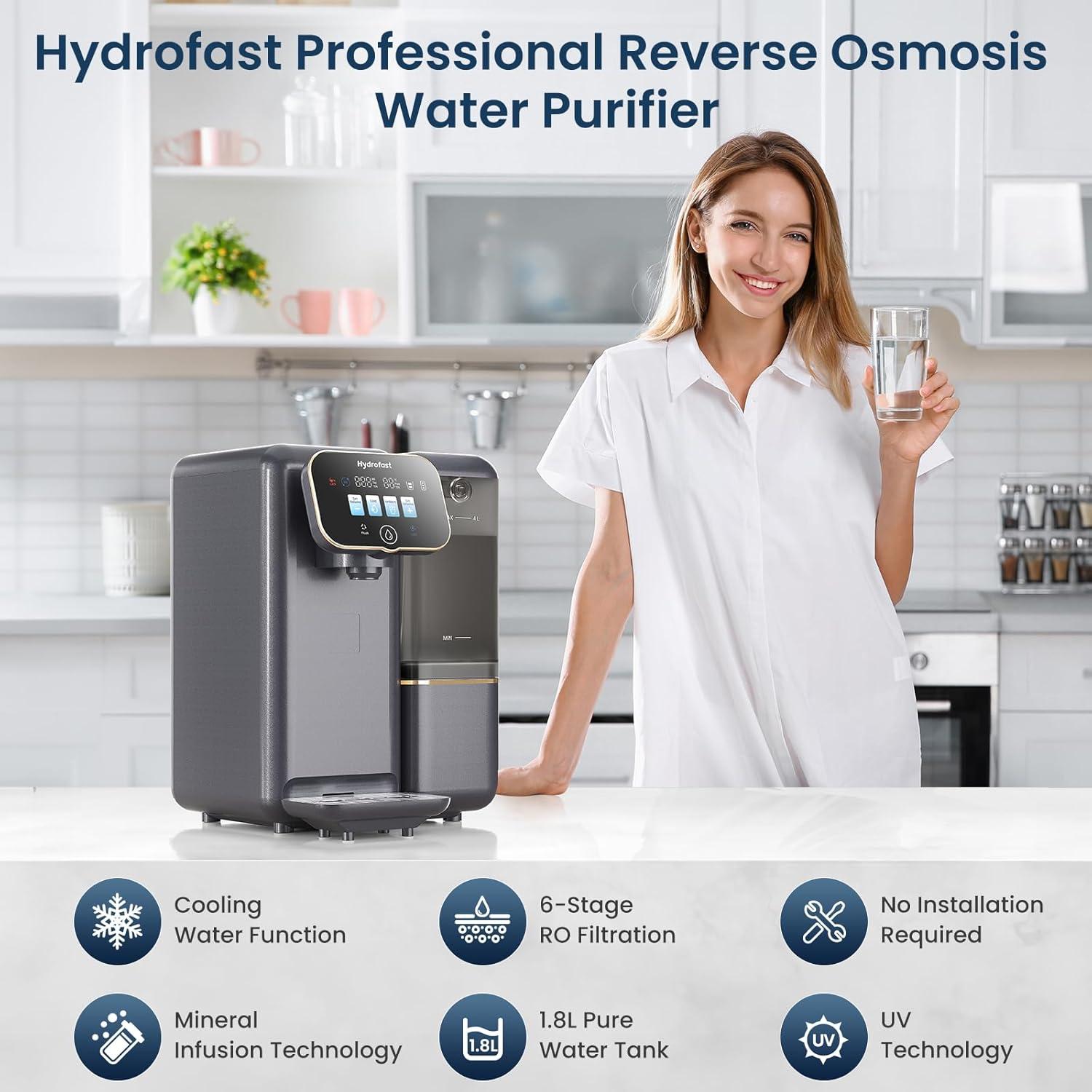 Reverse Osmosis Water Filter Countertop, Remineralization & pH Balance UV 6 Stage RO Filtration System, Portable Water Purifier