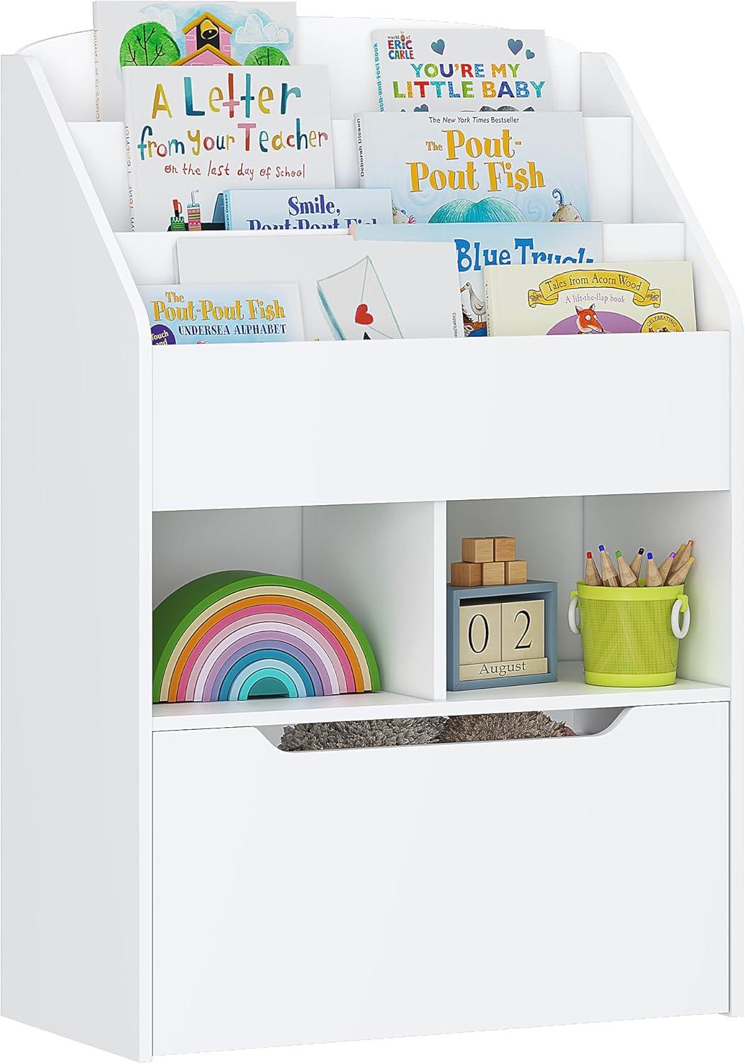 White Wood Kids Bookshelf with Rolling Toy Box