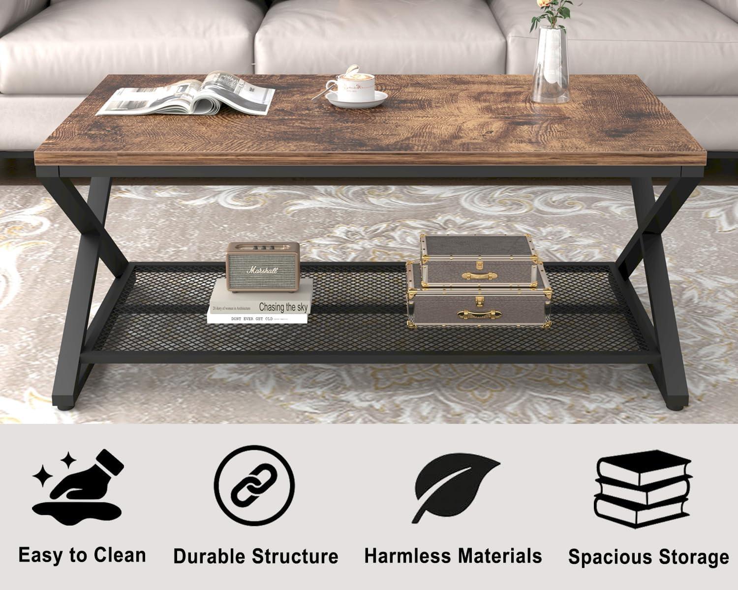 Rustic Brown Metal Frame Rectangular Coffee Table with Storage