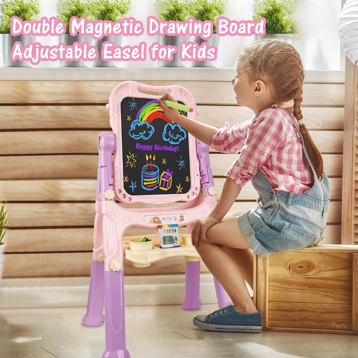Easel for Kids, Adjustable Standing Art Easel for Toddler, Double Magnetic Drawing Board with Painting Accessories, Birthday Christmas Gift for Little Boys and Girls,  Pink