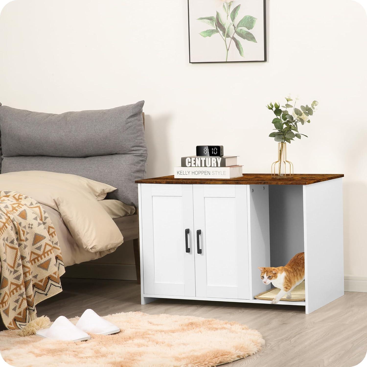 Litter Box Enclosure, Cat Litter Box Furniture Hidden, With Scratching Mat, Wooden Cat Washroom Indoor, Fit Most Of Litter Box, 31.5" L X 19.7" W X 21.7" H, White + Warm Brown