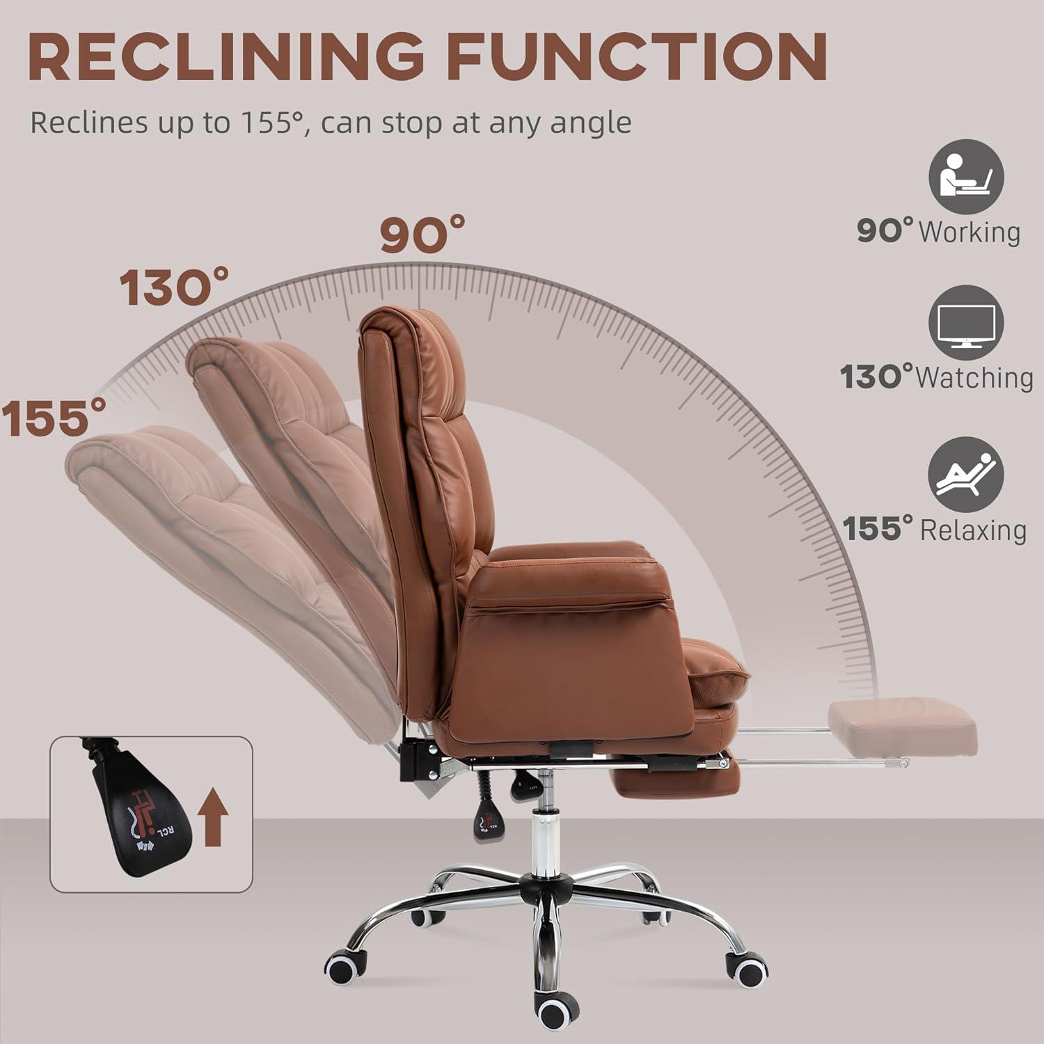 HOMCOM Executive Office Chair with Footrest, Ergonomic Office Chair, Reclining PU Leather Computer Chair, Brown