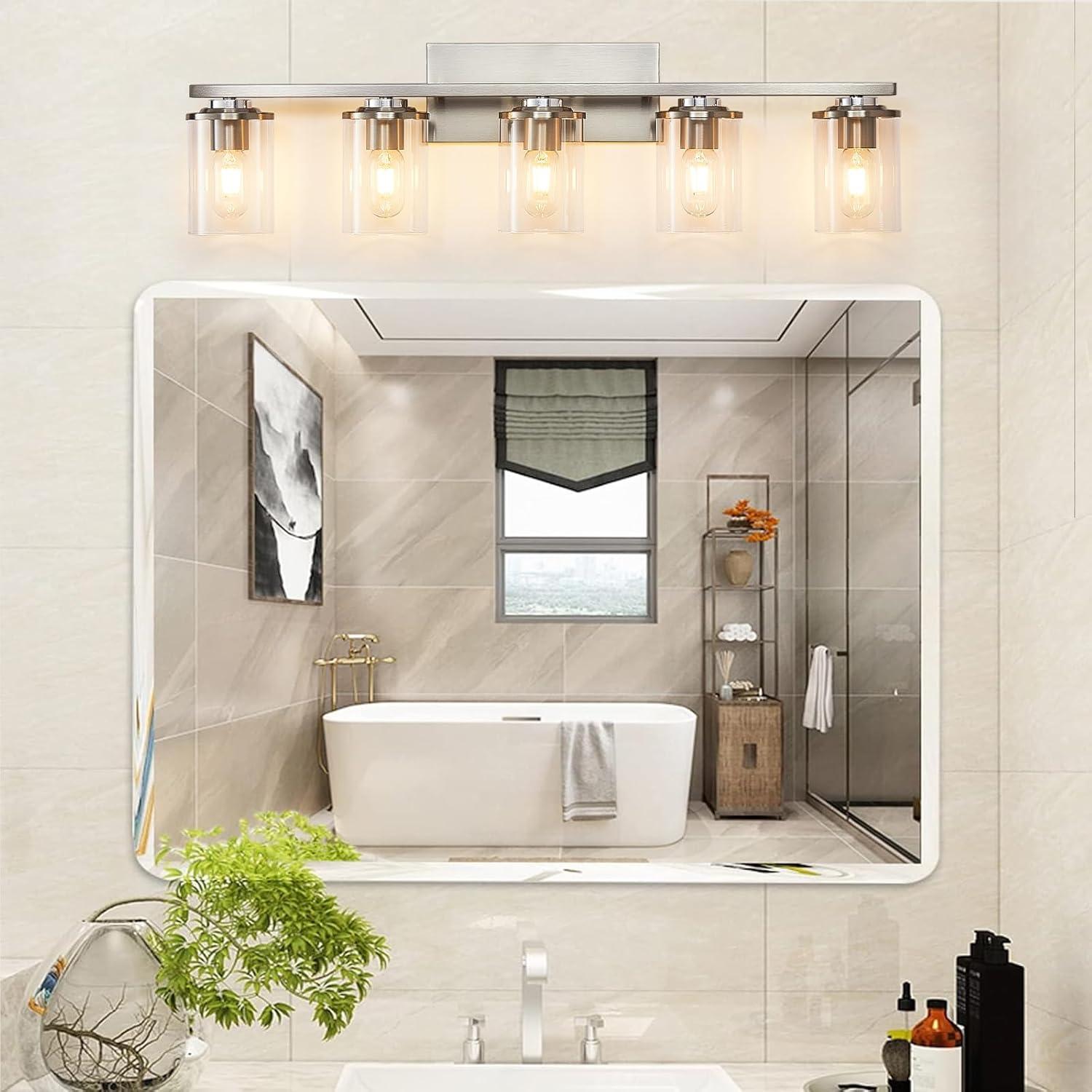 3-Light Brushed Nickel Wall Sconces for Bathroom, Modern Vanity Light Fixtures Over Mirror, Wall Lamp with Clear Glass Shade, E26 Wall Sconces Over Mirror for Bathroom, Living Room, Hallway