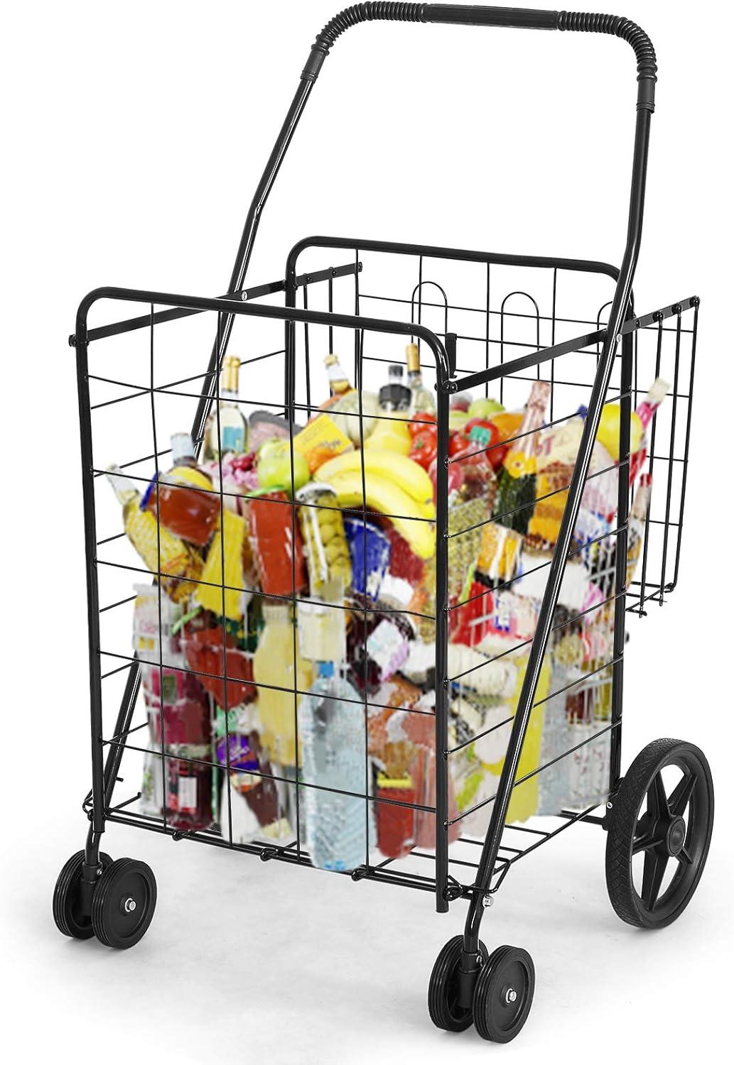 BETTARY Jumbo Folding Shopping Cart, Metal Grocery Cart on Wheels with Double Basket, Heavy Duty Utility Cart with 360° Swivel Wheels for Grocery, Laundry, Book, Luggage, Travel, Black