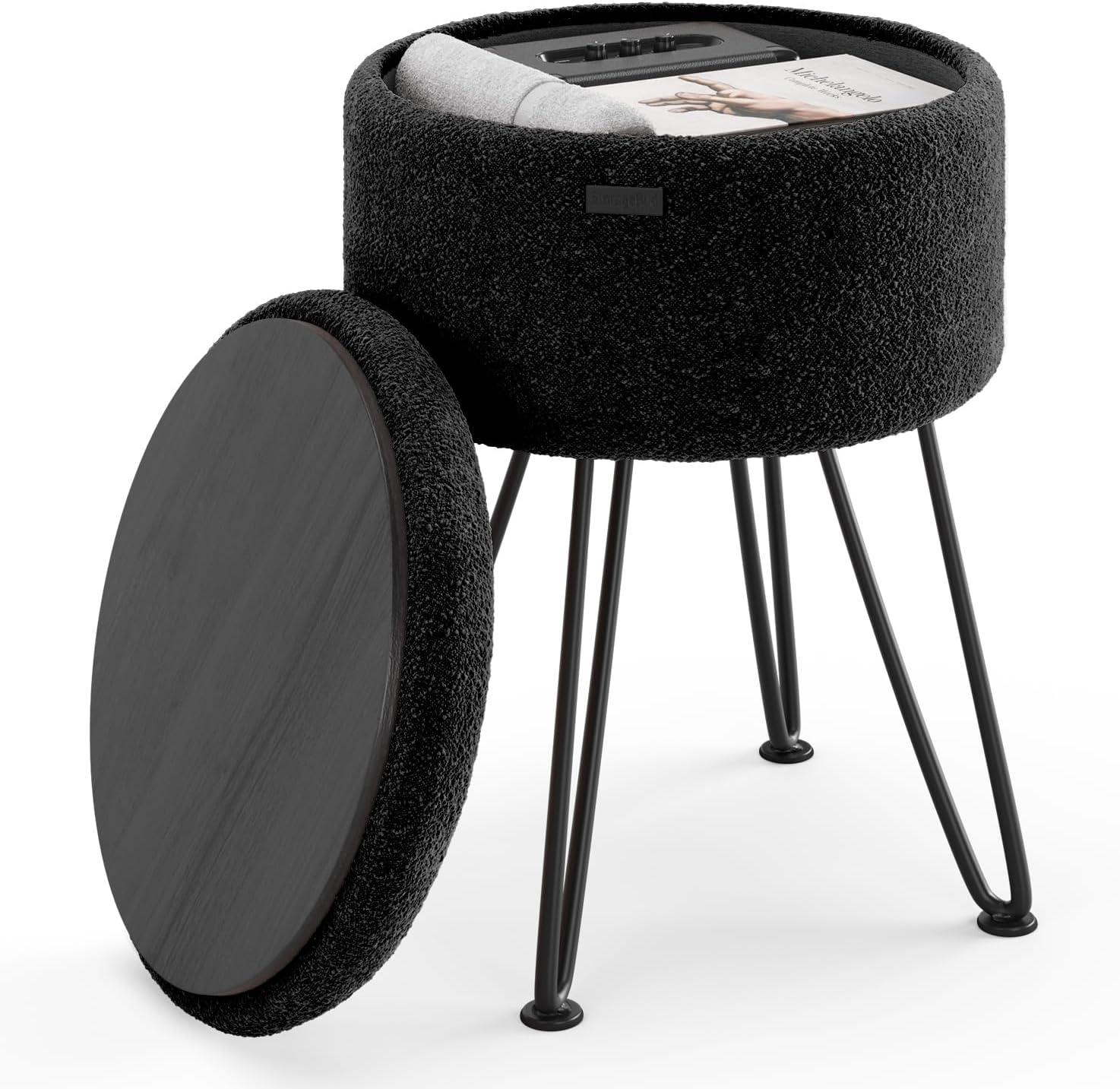 StorageBud Round Ottoman with Storage, Boucle Storage Ottoman, Modern Foot Stool Ottoman for Living Room and Bedroom, Black/Black Legs