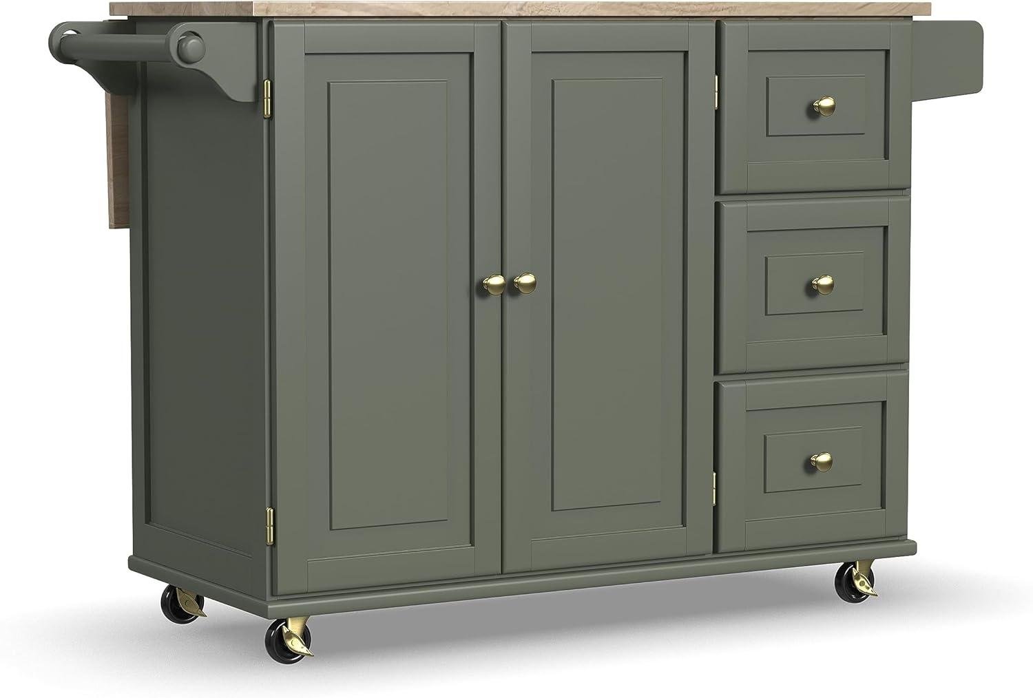 Sage Green Wood Kitchen Cart with Storage and Spice Rack