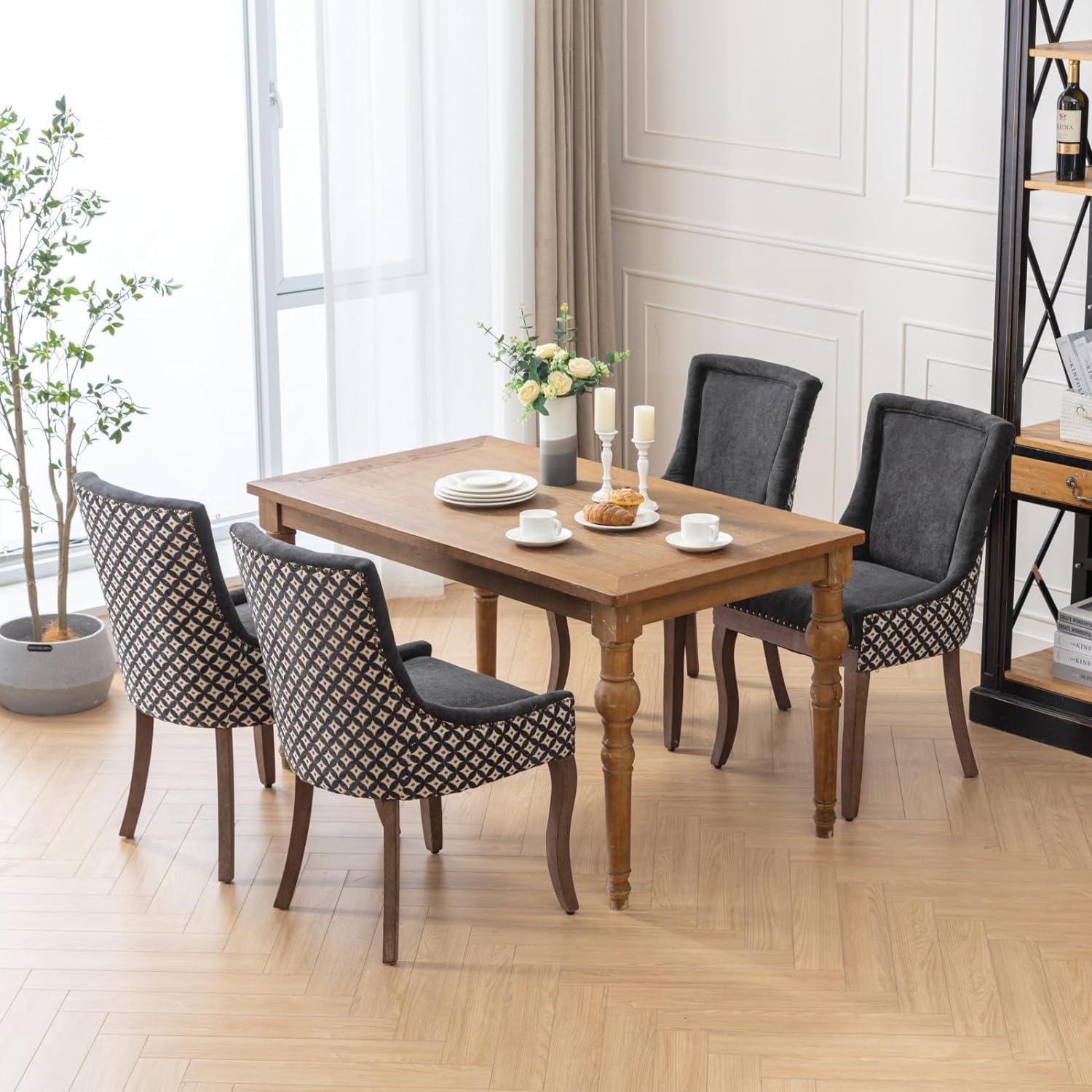 Upholstered Dining Chairs Set of 2, Solid Wood Kitchen Dining Room Chairs with Thicken Padded and Nailhead Trim for Home Kitchen Bedroom Black and Patterned