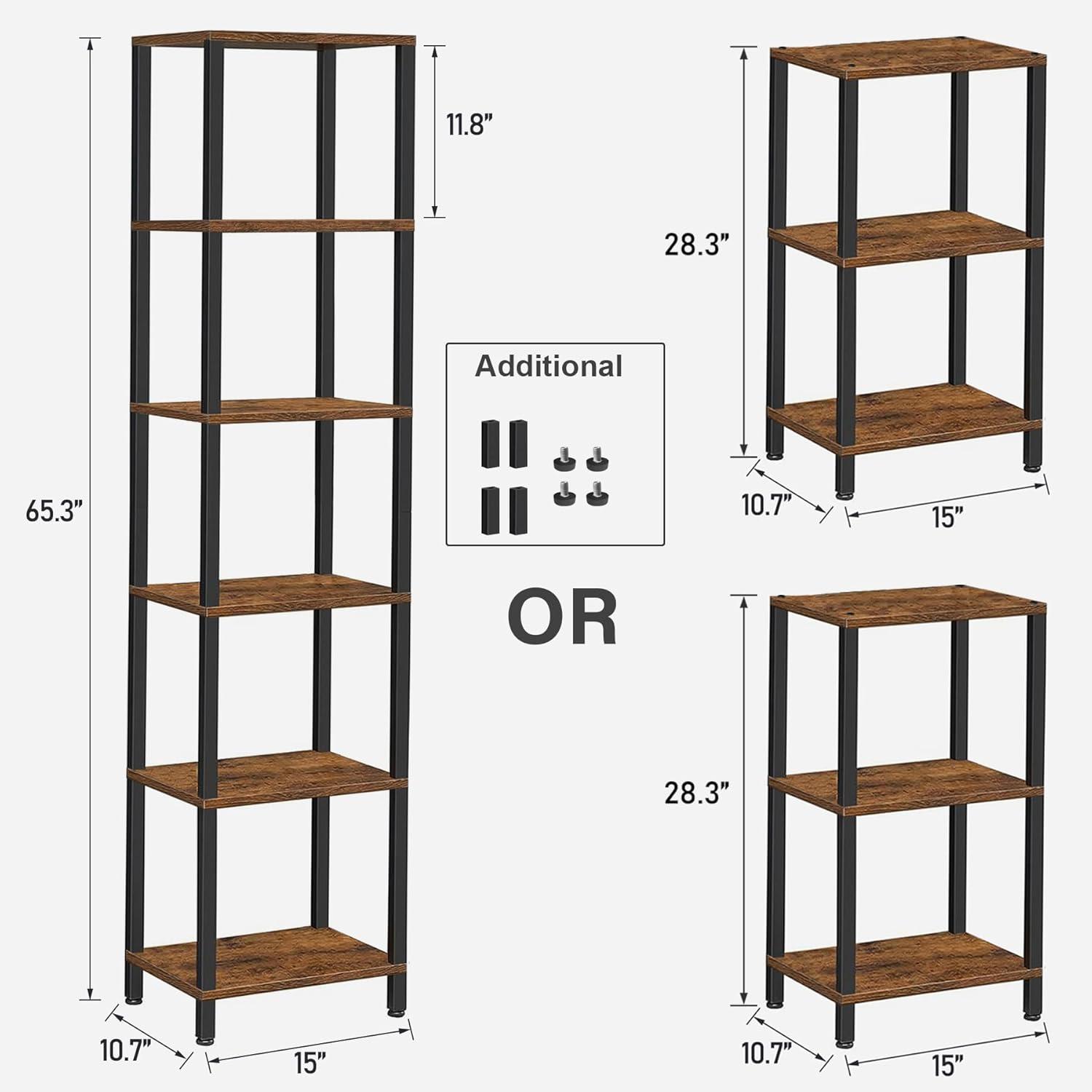 Bookshelf, 6-Tier Tall Book Shelf, Narrow Bookcase for Small Space, DIY Stackable Bookshelf, for Living Room, Office, Study, Entryway, Industrial, Rustic Brown