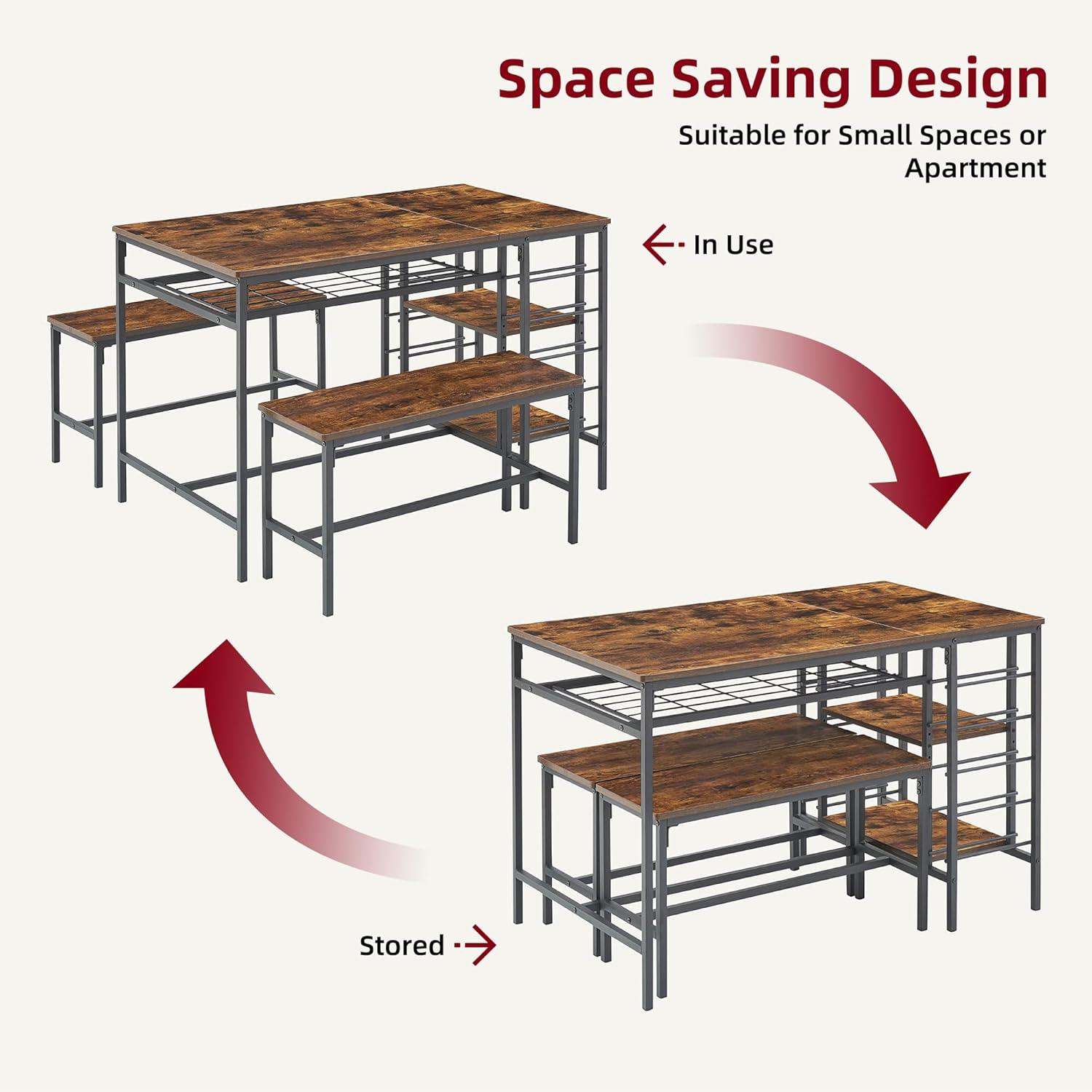 Kitchen Dining Table Set for 4, Storage Dining Table with 2 Benches, Wine Rack and Storage Shelf, Rectangular Dining Room Table Set, 3 Piece Dining Table Set for Small Space, Apartment, Dinette