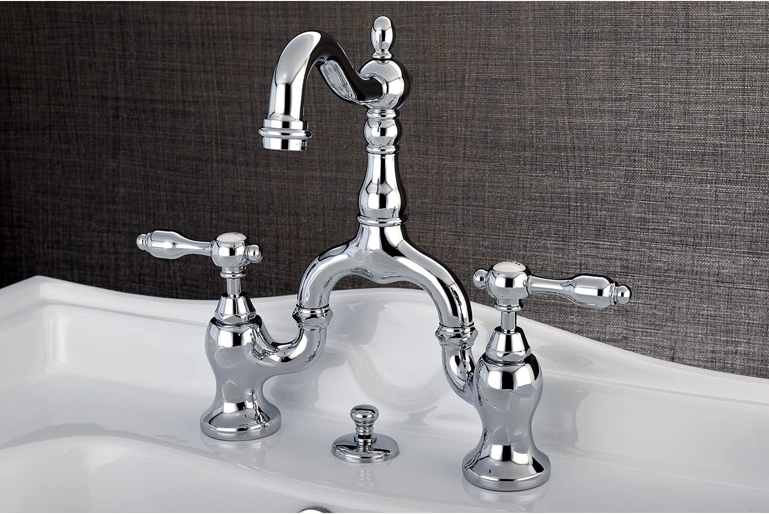 Kingston Brass Tudor Two-Handle 3-Hole Deck Mount Bridge Bathroom Faucet with Brass Pop-Up