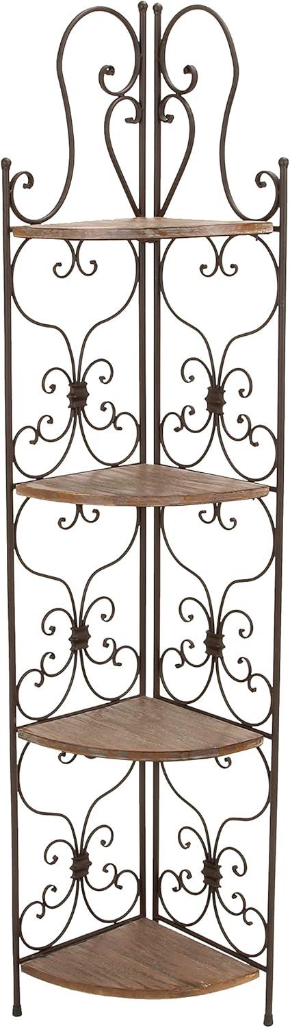 Farmhouse Brown Wood & Iron Corner Shelving Unit with 4 Shelves and 2 Drawers