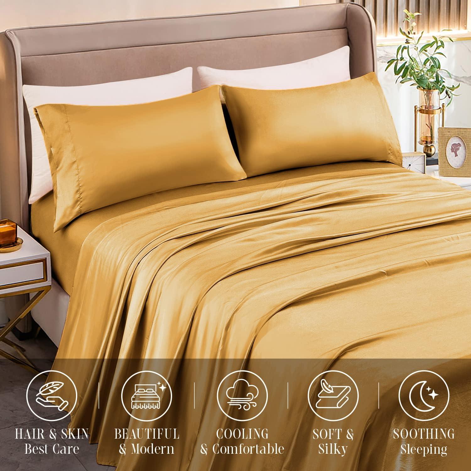 Elegant Comfort Luxurious 4-Piece Silky Satin Sheet Set Cooling Soft Satin Sheet Set, King, Gold