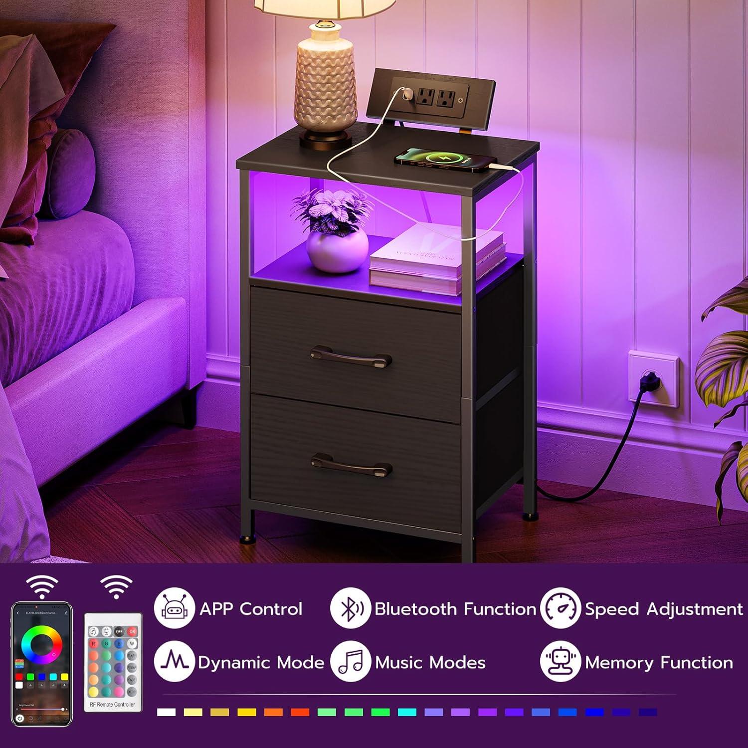 LED Nightstand with Charging Station, Side Table with USB Ports and Outlets, End Table for Small Spaces, Black Bedside Tables with Fabric-Wood 2-in-1 Drawer for Bedroom, Living Room, Office